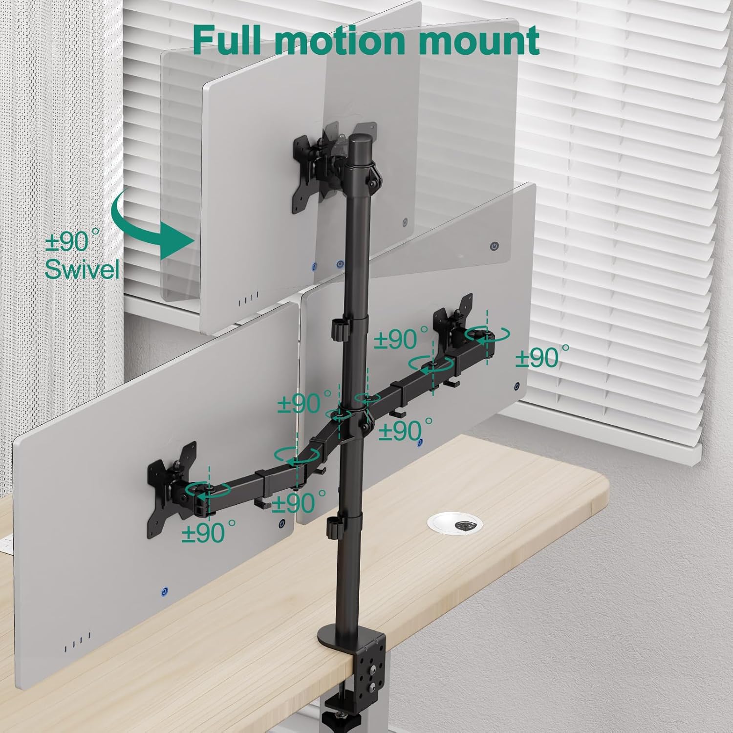Image showing the full motion swivel capability of the monitor arms, allowing for +/-90 degree rotation.