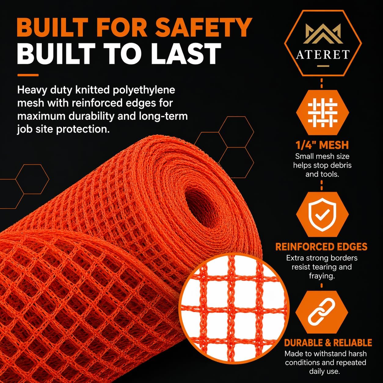 ATERET 4' x 150' Debris Safety Netting Orange Fire Retardant, Construction Netting Scaffolding Equipment