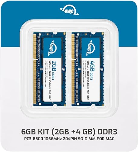 Miniatura 2 de OWC - Kit de actualización de memoria PC8500 DDR3 de 6,0 GB (2 GB + 4 GB, 1066 MHz, 204 pines, para MacBook Pro, MacBook, Mac Mini e iMac