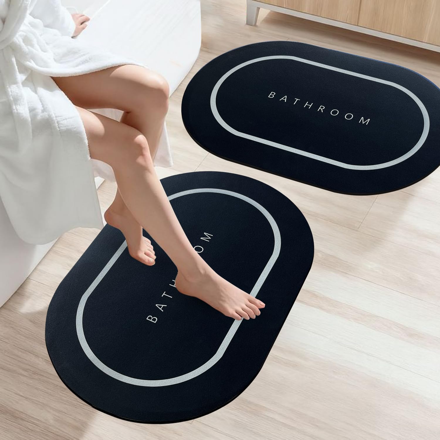 SITTELLA Rubber 3 Pieces (3.5Mm) Anti-Skid Water Soaking Bathroom Print Door Mat, Water Absorbent Mat (40X60Cm) Black, Oval