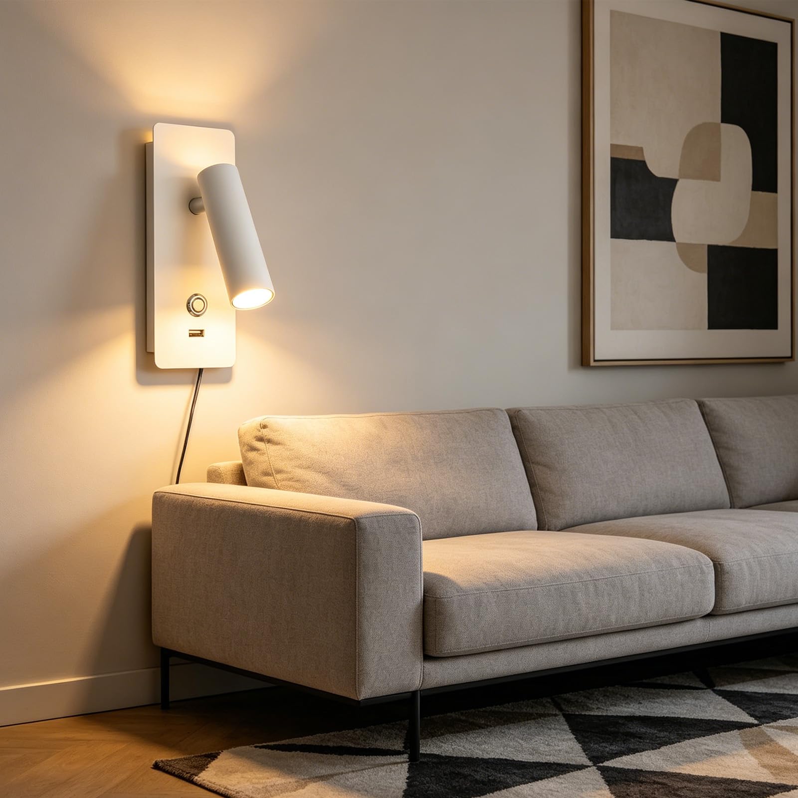 Lampa ścienna LED z portem ładowania USB, reflektor typu gęsia szyja, kinkiet do salonu, korytarza, obrotowy, konstrukcja z żelaza i aluminium