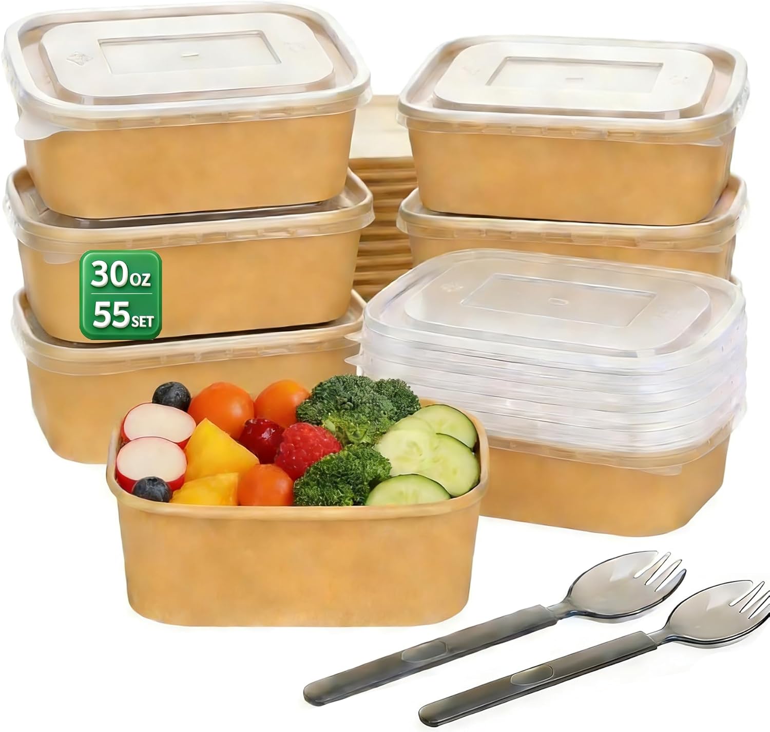 55 Pcs 30oz Disposable Meal Prep Bowls with Lids & Sporks - Thickened Kraft Containers, Leak-Proof Microwave & Freezer Safe, Ideal for Takeout, Lunch Boxes, Soup, Meal Prep, Pet Food Bowls