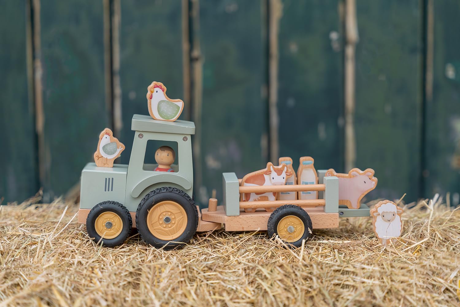 Little Dutch Trattore con rimorchio con animali e personaggio giocattolo in legno per bambini, verde, Little Farm