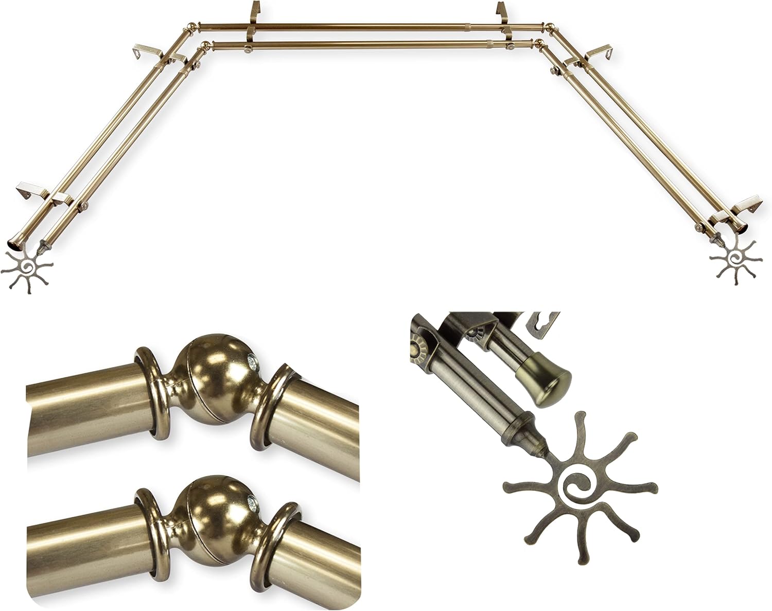 A&F Rod Décor - Sol 13/16" Bay Window Double Curtain Rod 20"-36", 38"-72" - Antique Brass