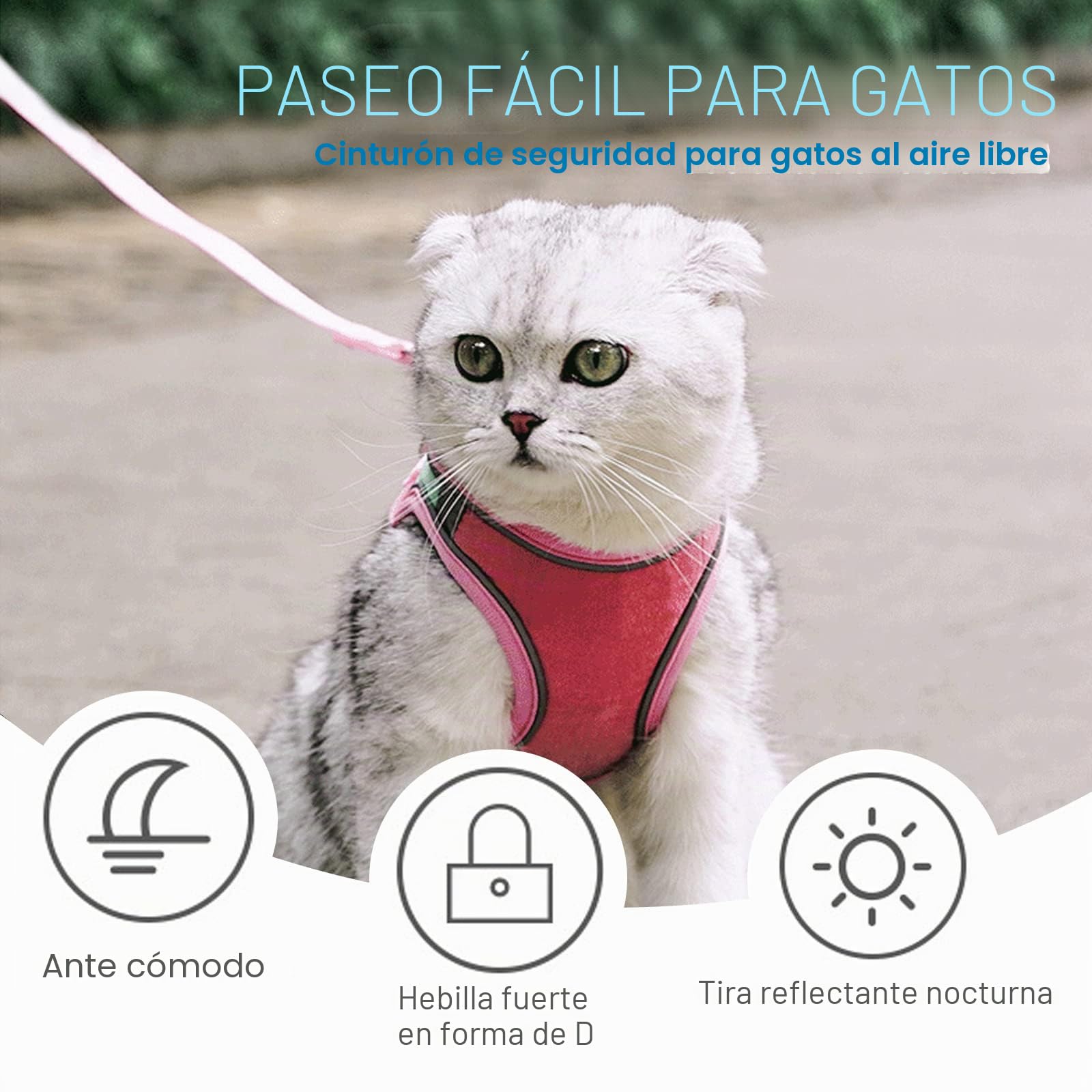 PETCUTE Arnes para Gatos Antiescape con Correa,Arnés Gato a Prueba de Escape con Tira Reflectante,Transpirable Cómodo,Chaleco de Seguridad para Gatos Cachorros