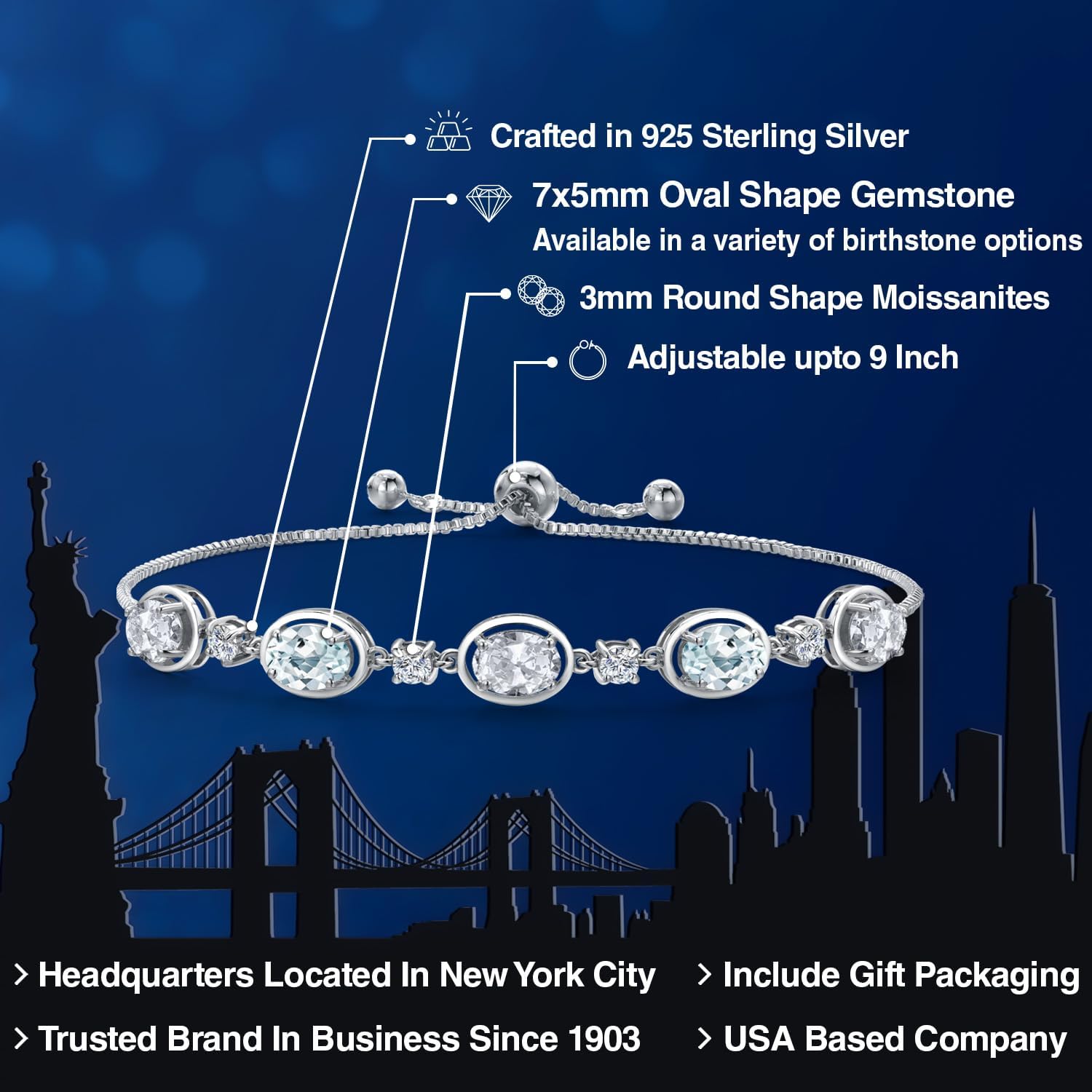 Gem Stone King 925 Sterling Silver White Topaz and Sky Blue Aquamarine Bracelet For Women | 4.50 Cttw | Gemstone November Birthstone | Oval 7X5MM | Fully Adjustable 9 Inch - Image 2