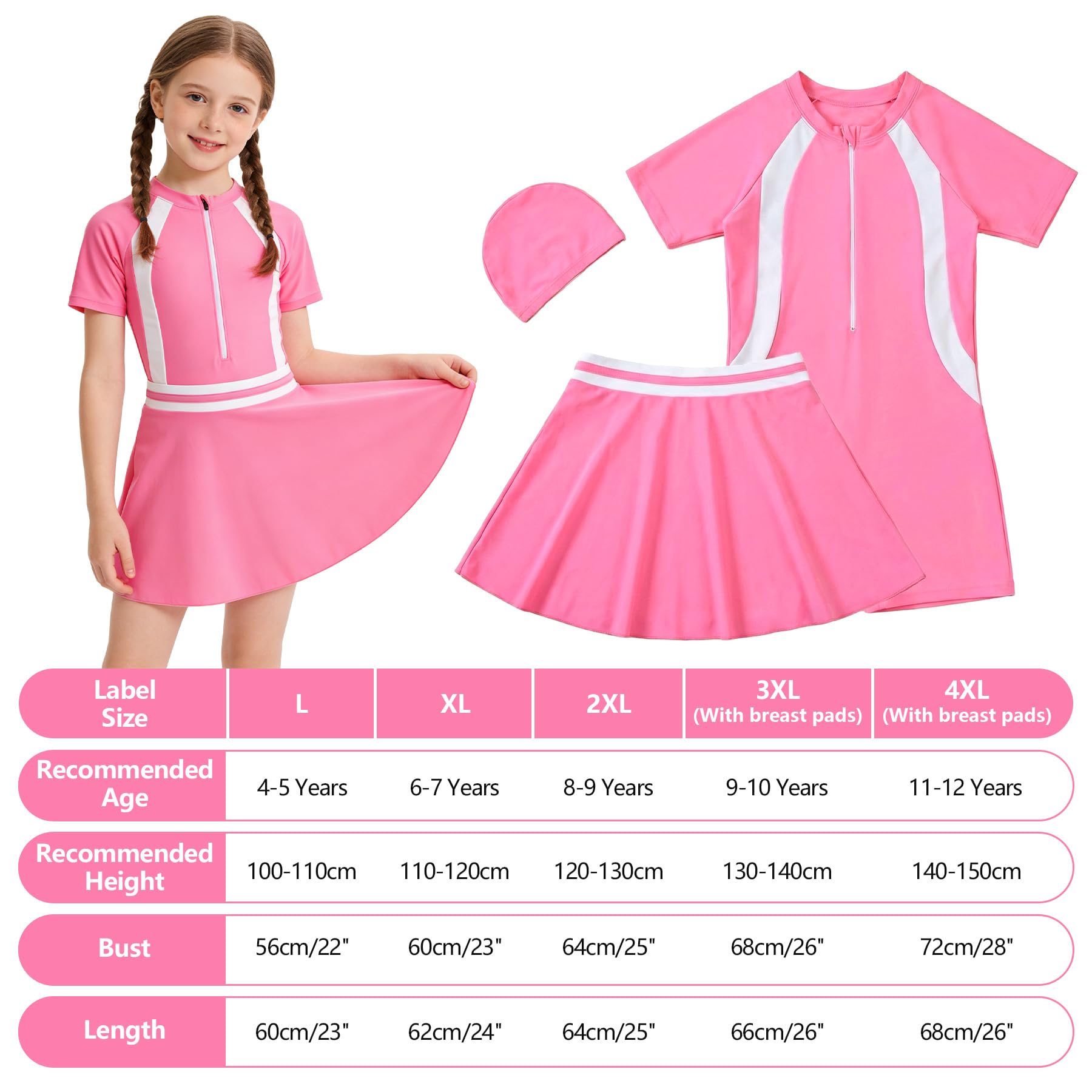 Maillot de Bain 3 en 1 pour Filles - Maillot de Bain Une Pièce à Manches Courtes avec Jupe et Bonnet de Bain, Séchage Rapide Plage Piscine Surf Maillots pour Enfants 4-12 Ans