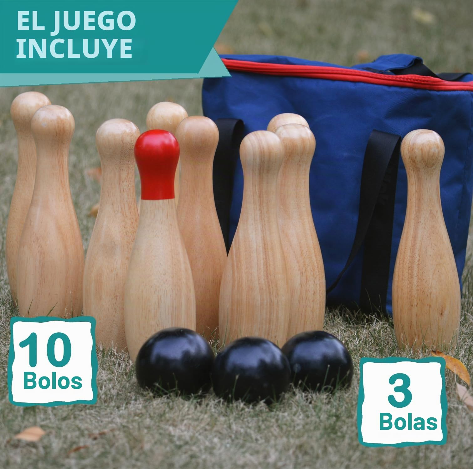 Juego de boliche de madera con botellas de lanzamiento para jardín al aire libre para la familia, juego de bolos con bolsa de transporte (Altura 26 cm, 10 bolos + 3 bolas)