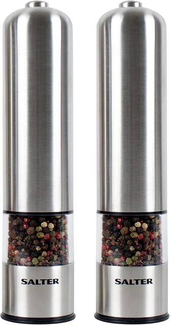 Salter 7722 SSTURA Electric Salt and Pepper Grinder Set, Electronic Spice Mills, One Handed Operation, Battery Powered, Salt Crystals/Peppercorns, Brushed Stainless Steel, Ideal for Arthritis Hands