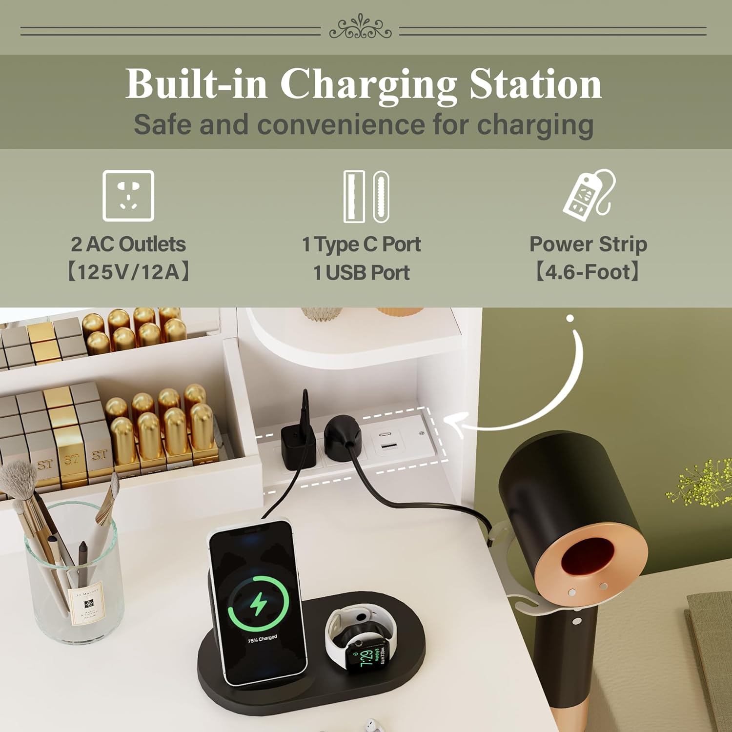 Close-up of the built-in charging station with two AC outlets, one USB port, and one Type-C port.