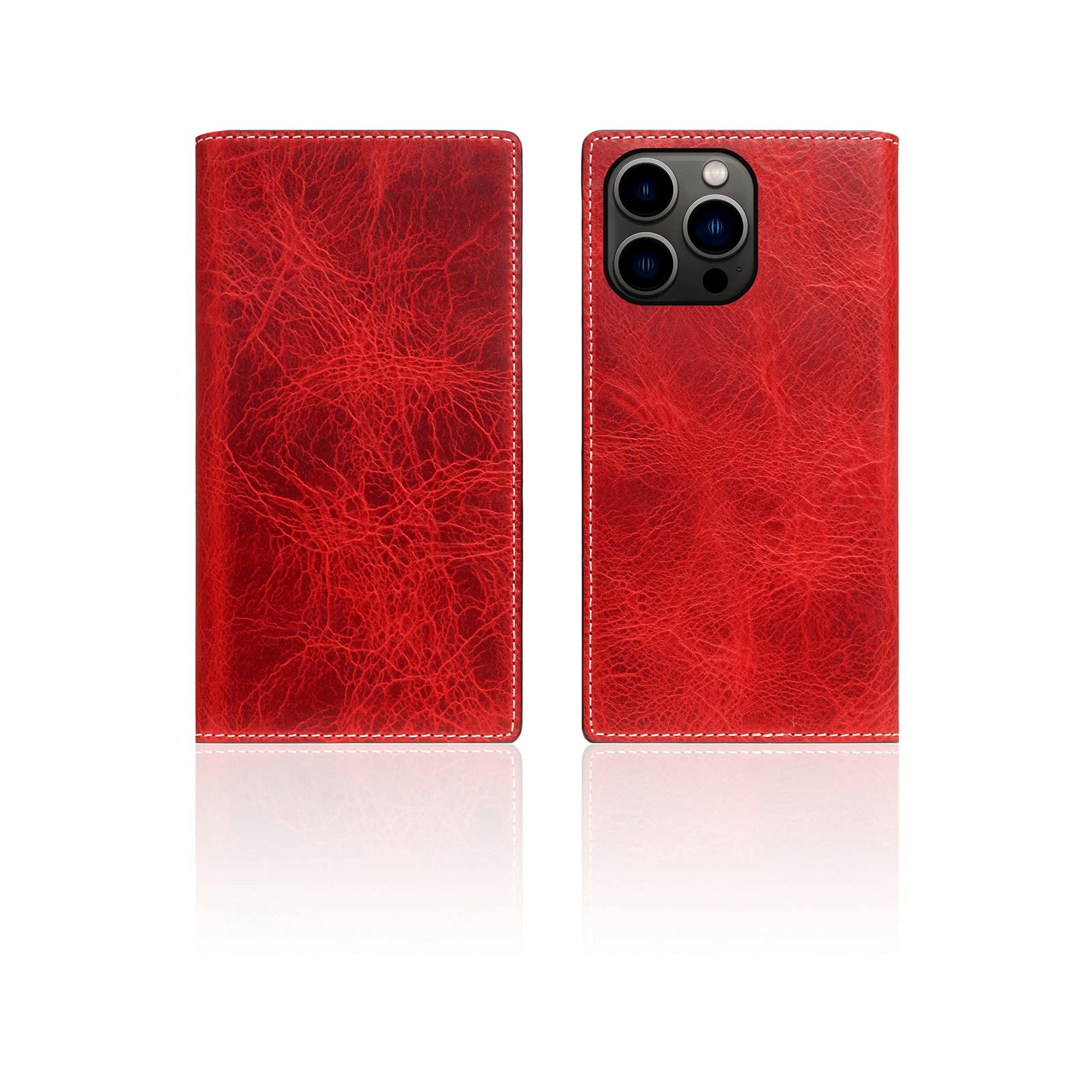 SLG Skórzane etui portfelowe kompatybilne z iPhone 14 Pro, D7, włoski woskowy skórzany pamiętnik, etui z klapką z przegródką na karty z pudełkiem na prezent, ręcznie robione i zaprojektowane dla iPhone'a 14 Pro (czerwone)