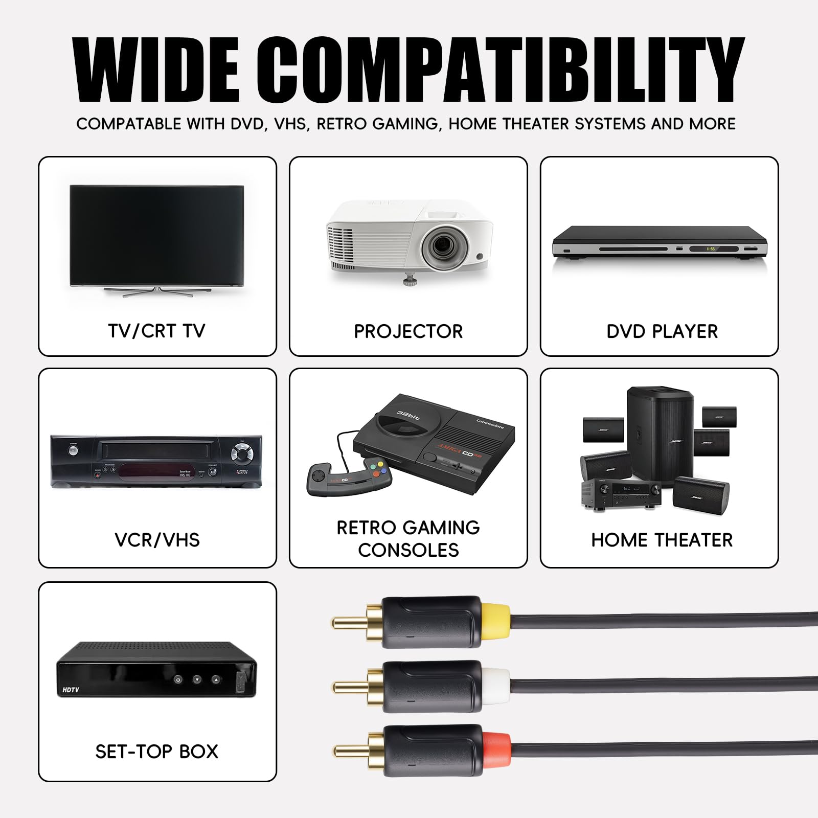 RCA AV Kabel, 3 RCA Stecker auf Stecker für DVD, PS1, PS2, VCR, 1,5 m | Composite-Video und Stereo-Audio, vergoldete Anschlüsse, verstärkte PVC-Ummantelung, für Geräte mit Standard-Cinch-Ports