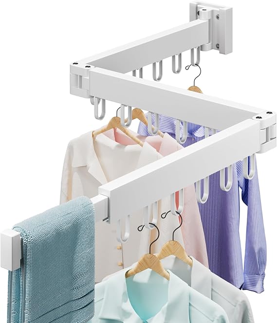 Abiglifty Clothes Drying Rack Wall Mounted, Laundry Drying Rack Collapsible, Foldable & Retractablewith 18 Hooks for Indoor/Outdoor Use inLaundry Room, Bathroom & Balcony (White)