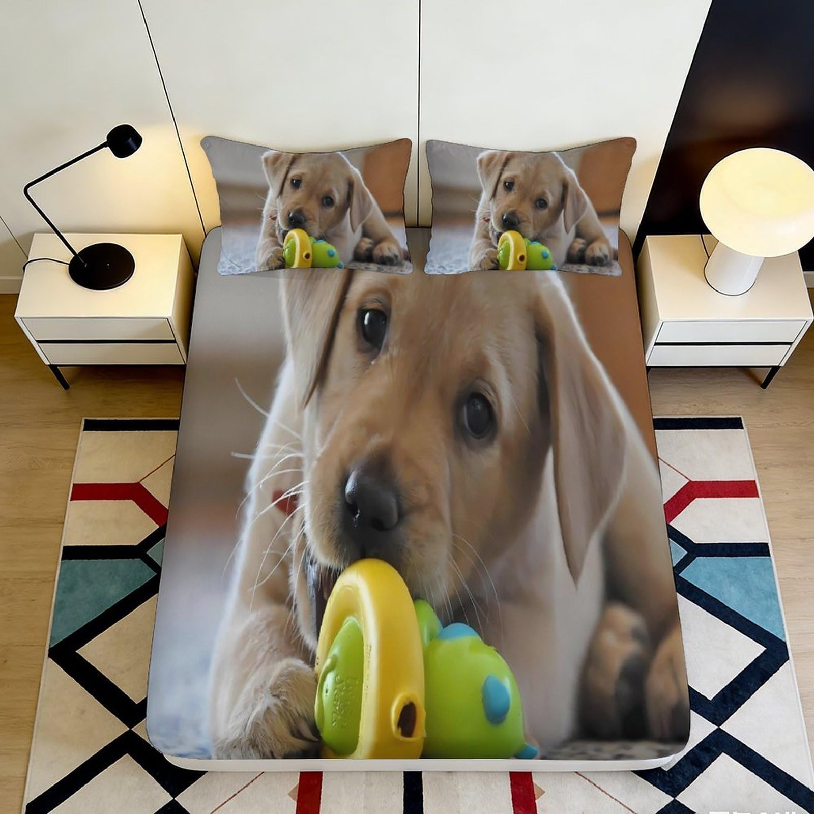 3D Printed Labrador Puppy Fitted Sheet Microfiber Soft Anti-Slip Dog Toy Bed Cover for Bedroom Guest Room Easy Care 90x200x25cm