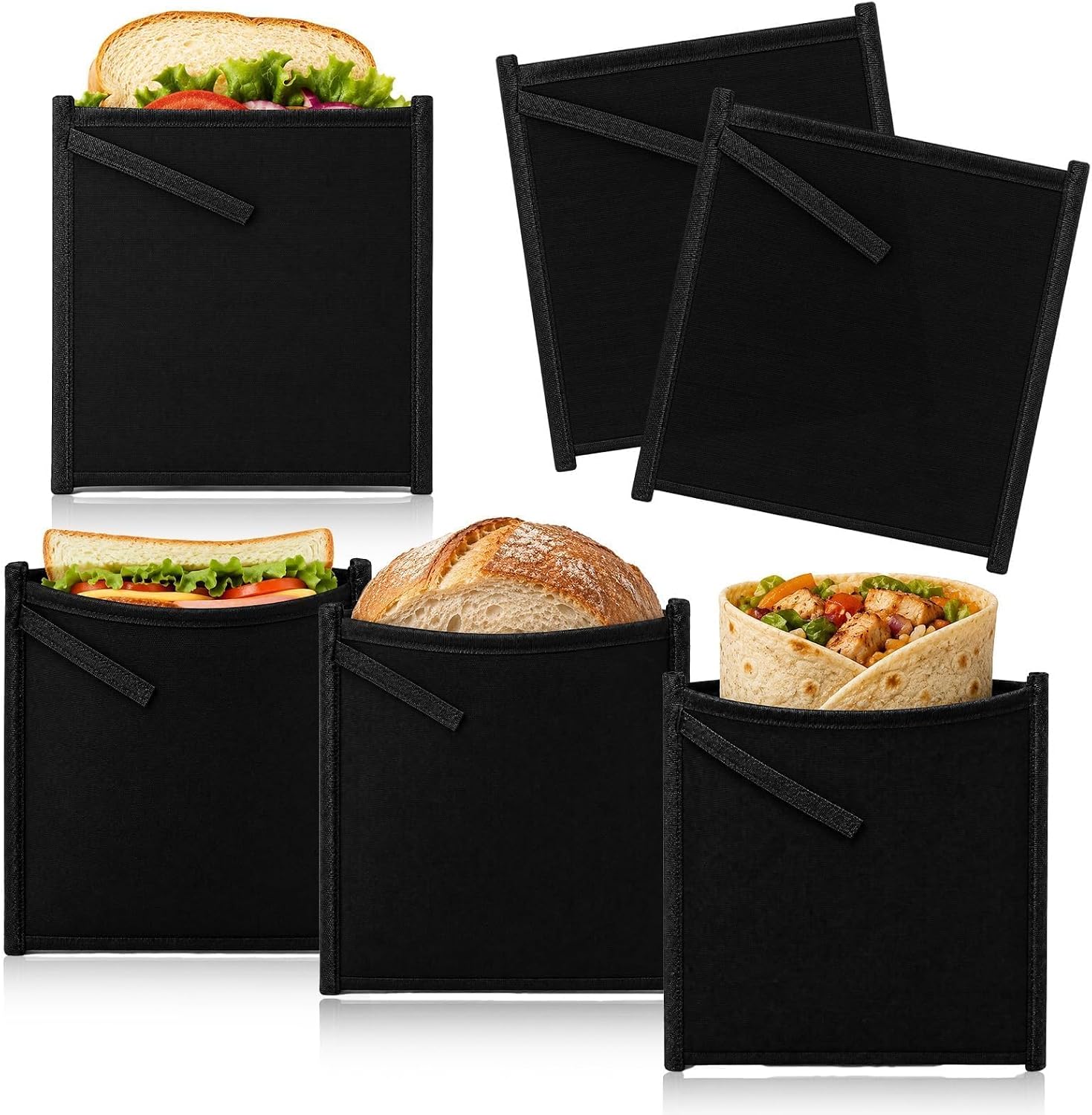 6 Set Insulated Sandwich Bags, Reusable Snack Pouch, Mini Lunch Bag, Black