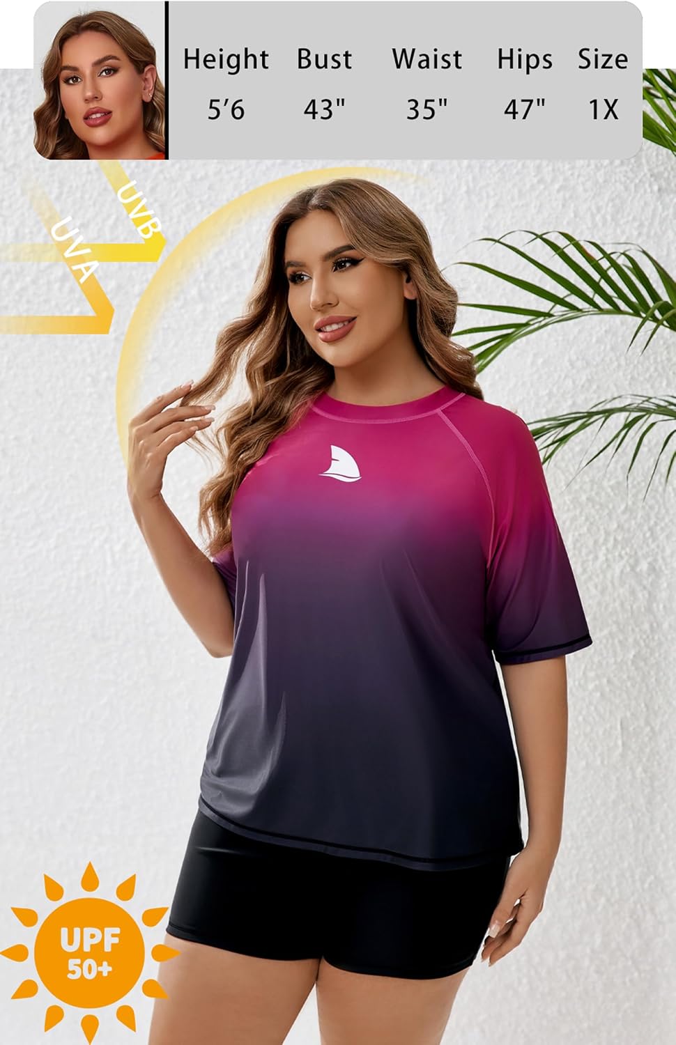 Womens Plus Size Short Sleeve Rash Guard Sets Swim Shirts with Shorts UPF50+ Two Piece Swimsuit