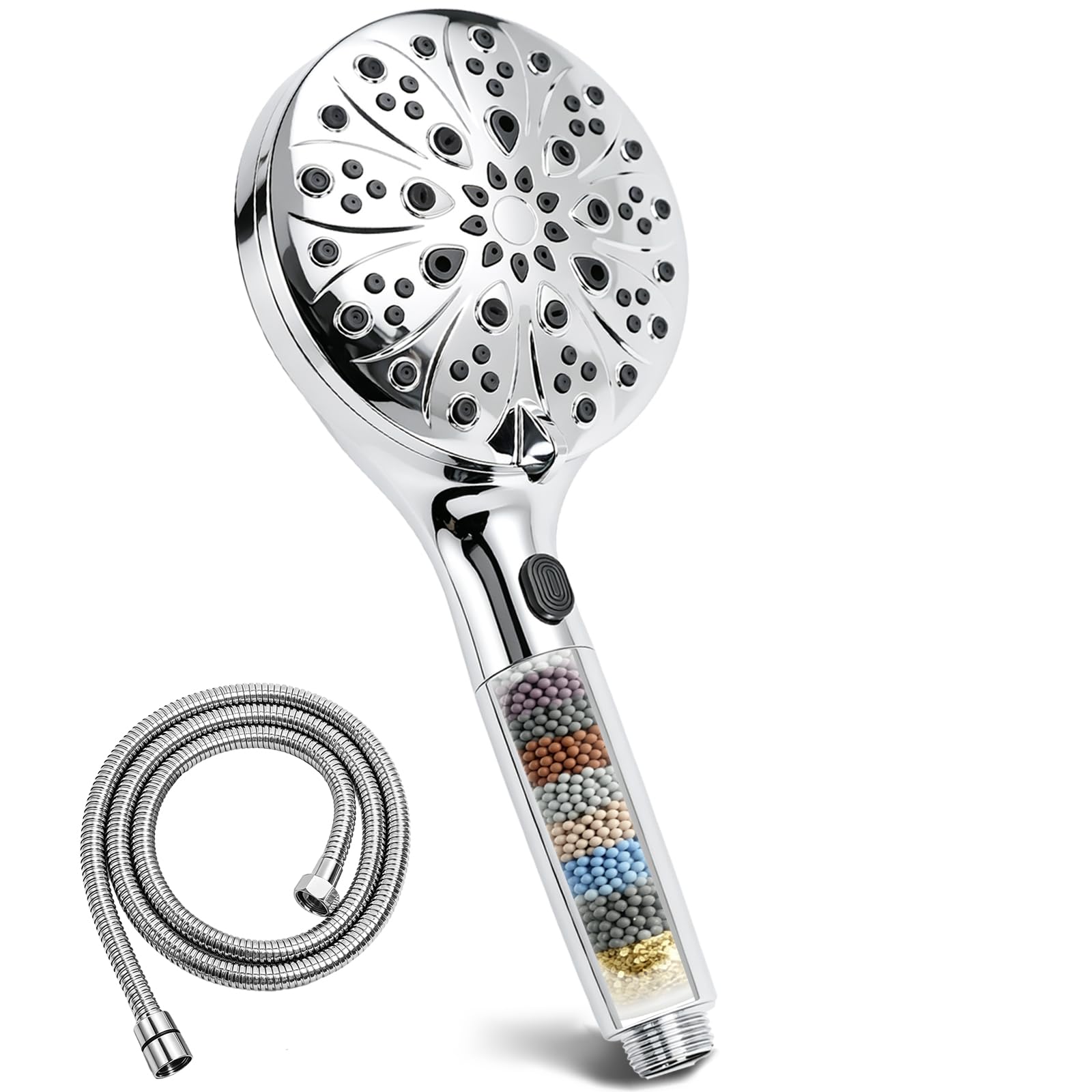 SANYCASA Handheld Shower Head with 1.5m Hose, High-Pressure Water-Saving Showerhead with Jet Spray Button & Removable Filter Cartridge – Reduces Chlorine & Limescale for Hard Water
