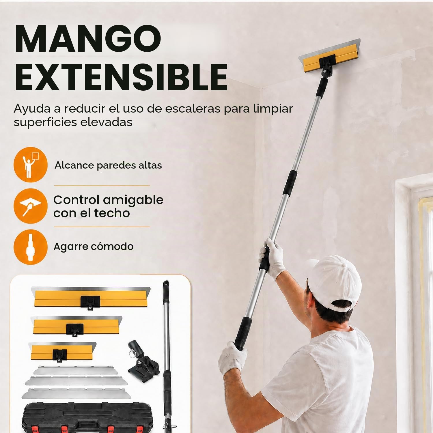 Juego de Espátulas para Alisar 30/50/80 cm | Tres Espátulas de Acero Inoxidable con Repuestos, Mango Telescópico y Maletín para Paredes, Techos, Yeso y Masilla
