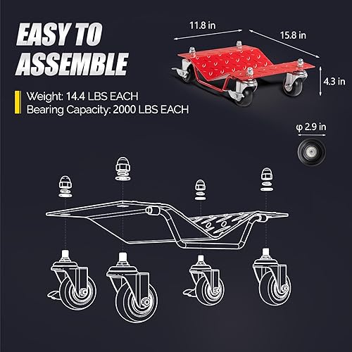 Miniatura 6 de TUFFIOM Juego de 4 carros para automóvil, 8000 libras de capacidad, carrito de vehículos resistentes, patines de neumáticos de acero con frenos,