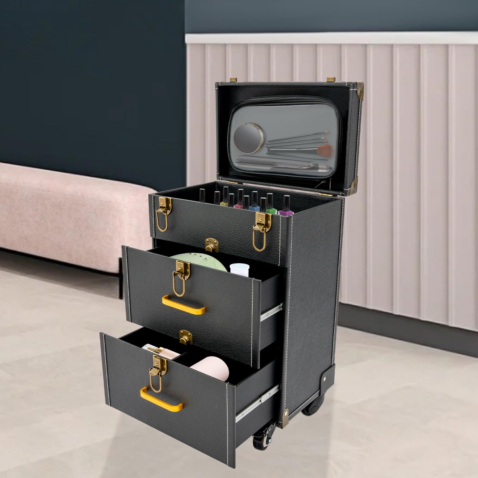 RENFANSHOP Rolling Makeup Case with 4 Wheels - Portable Cosmetic Trolley Suitcase with Drawers, Multifunctional Organizer for Makeup, Nail Polish & Jewelry Travel (Black)