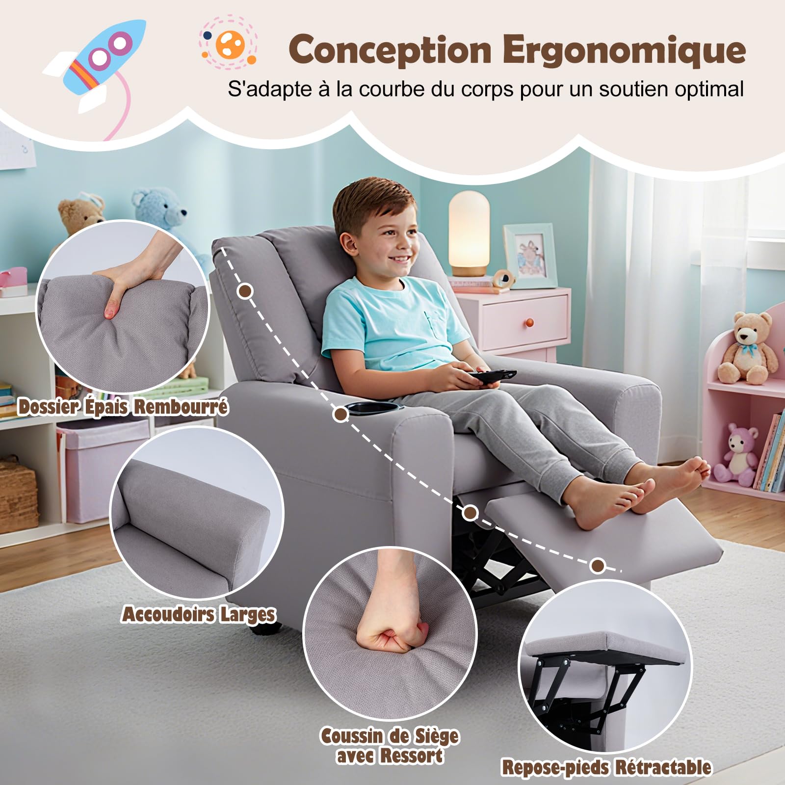 GOPLUS Fauteuil de Ralaxation Inclinable pour Enfant, Chaise de Détente Ergonomique avec Porte-gobelet, Dossier et Repose-Pieds Réglables, Surface en PU, Fauteuil Enfant 3+ Ans (Gris)