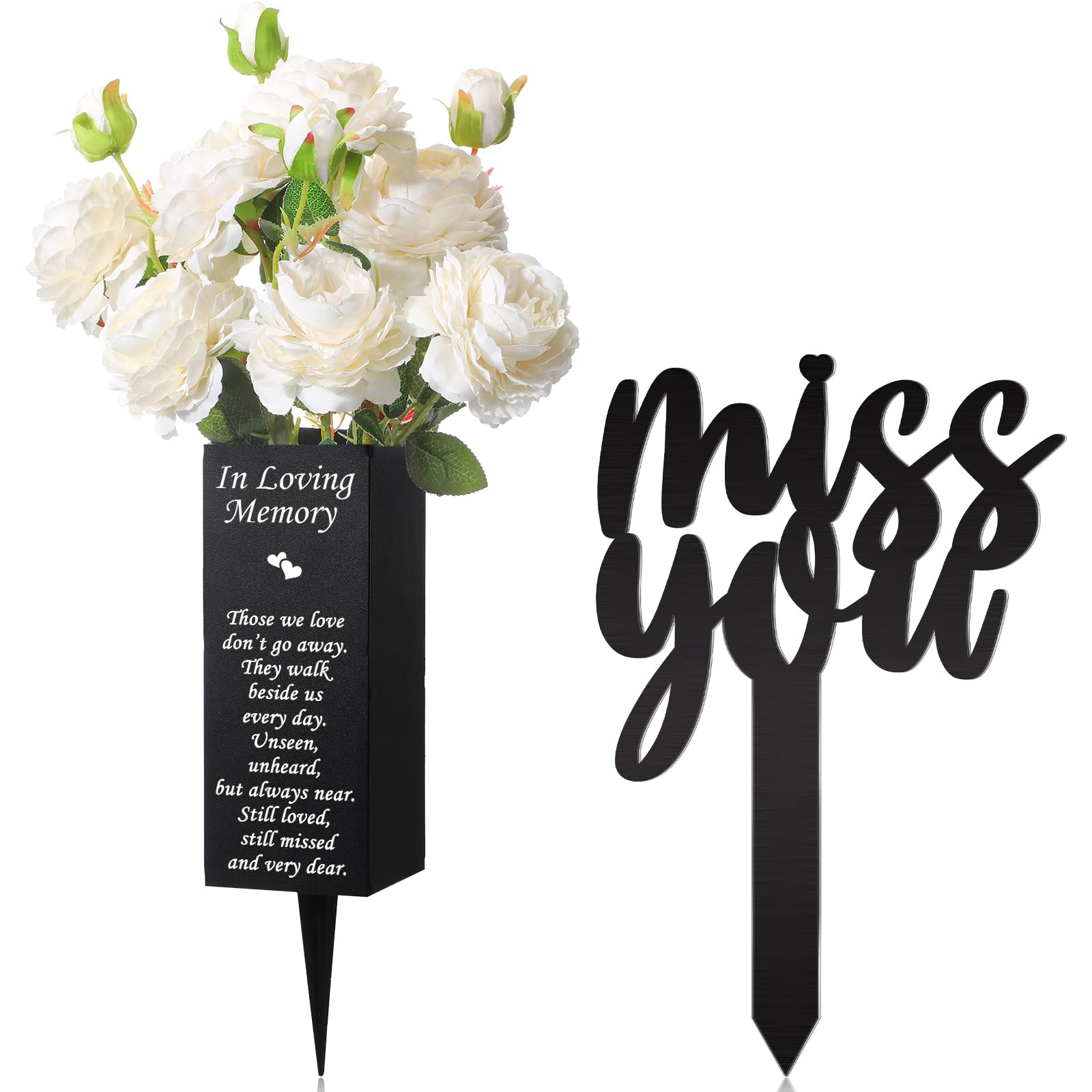 Tatuo 2 Pack Metal Cemetery Vase Flower Holder with Stake in Ground Miss You Grave Decorations for Cemetery Gravesite Gravestone Sympathy Grave Plaque