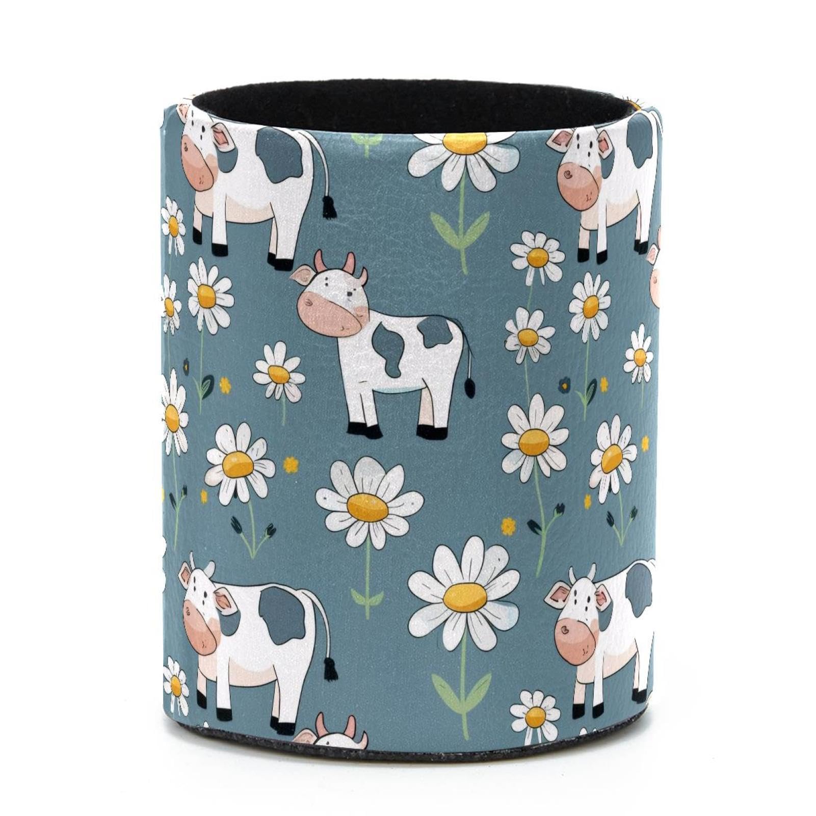 VAPOKF Round Pencil Holders for Desk, Chamomile and Cows Pen Holders Pen Pot Makeup Brushes Storage Desktop Stationery Supplies Organiser for Home Office