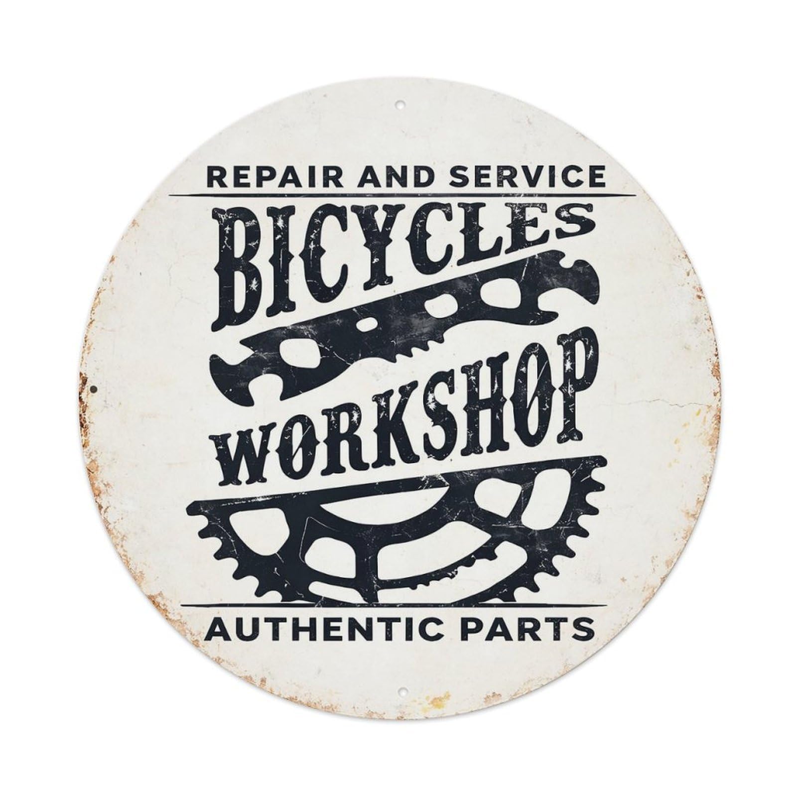 Repair And Service Bicycles Workshop Authentic Parts Round Metal Tin Sign Vintage Wall Decor, Bar Garage Cafe Kitchen Home Wall Art Poster 8x8inches