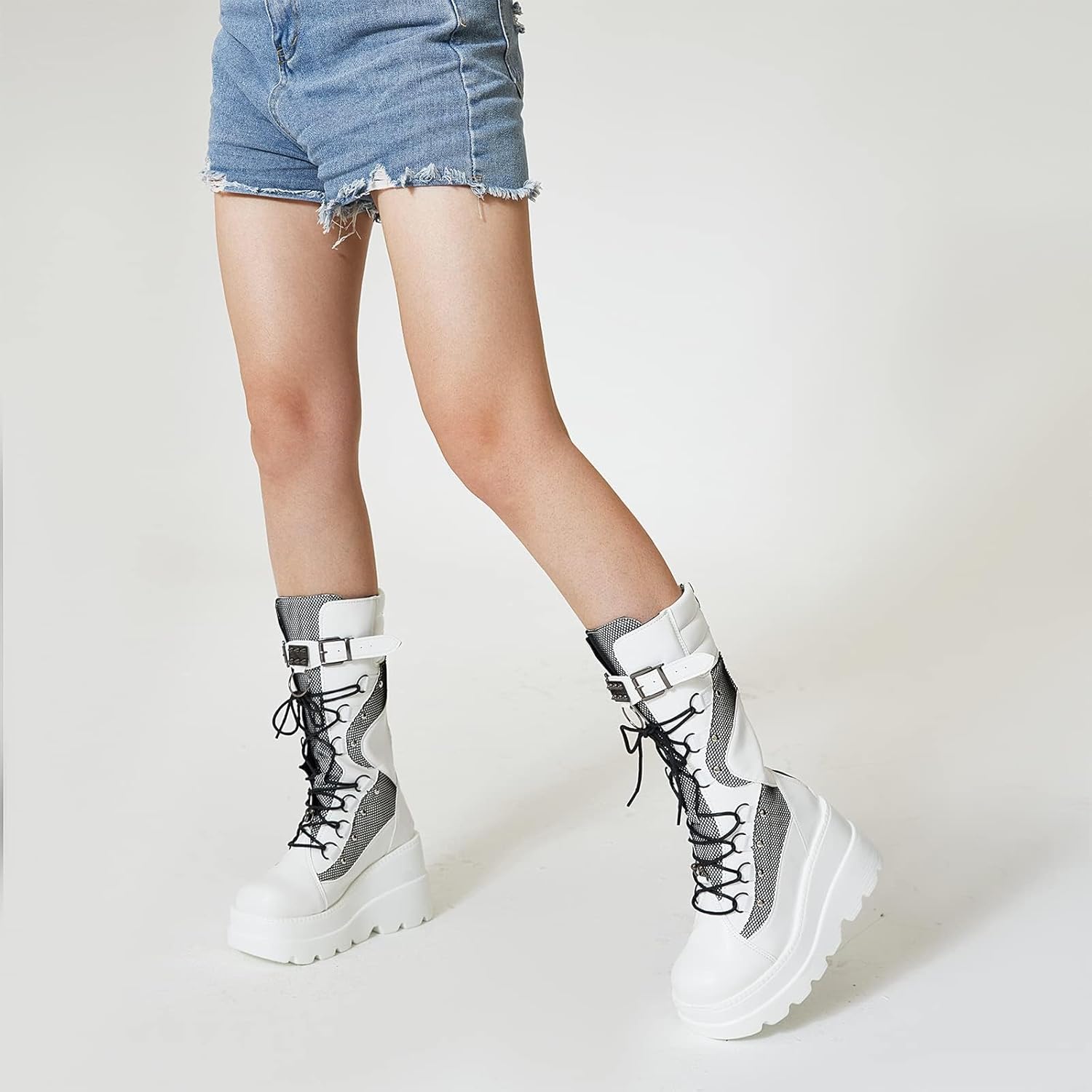 Tscoyuki Womens Goth Platform Boots Chunky Wedge Heel Rave Combat Boots Lace Up and Zipper Round Toe Mid Calf Boot for Concert Festival - Image 5