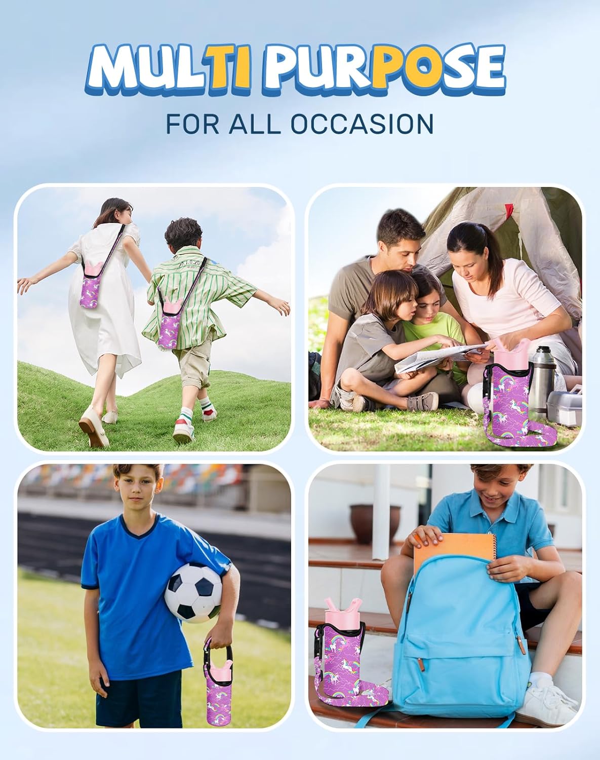 Water Bottle Carrier with Strap - Handheld Kids Water Bottle Holder for 10-16 oz / 14-20 oz Cute Cartoon Design Neoprene Crossbody Bottle Sling Bag for Boys Girls - Image 6