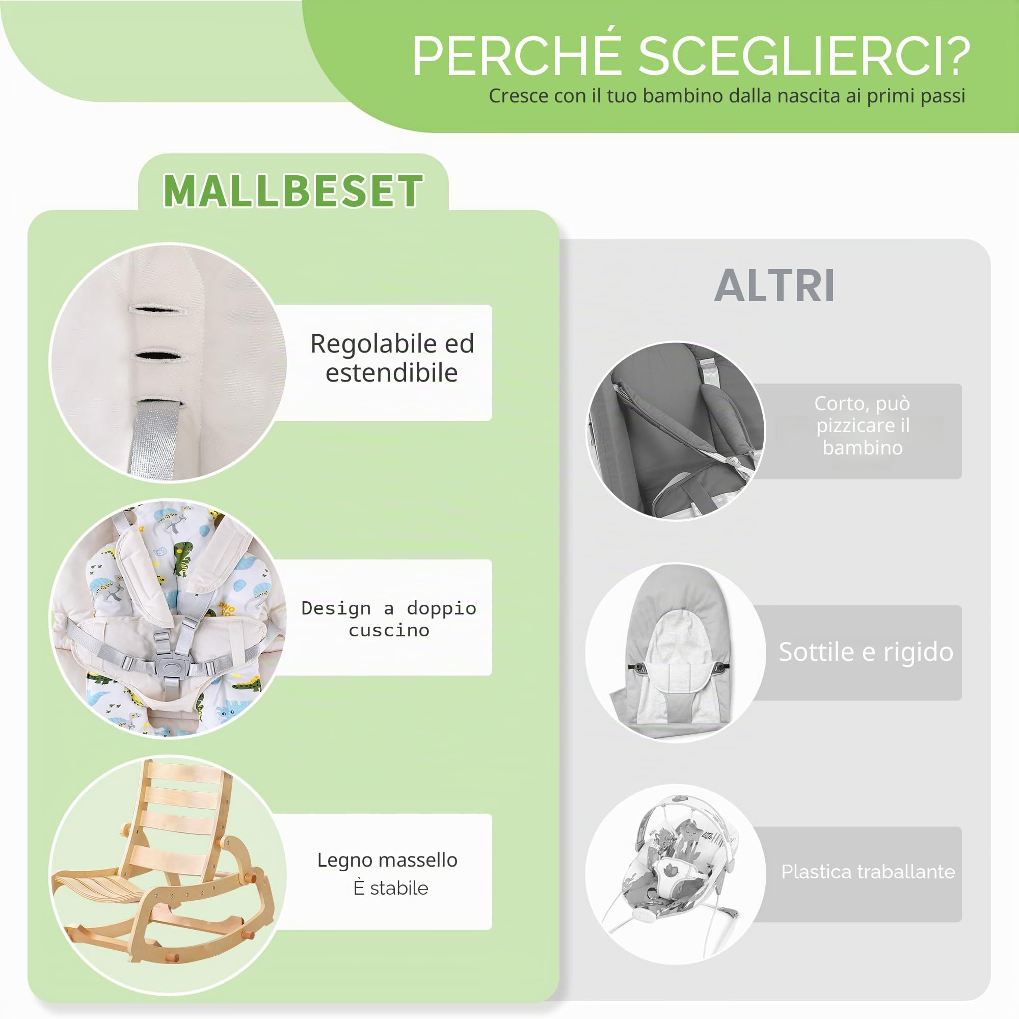 MallBest 3 in 1 Baby Bouncer regolabile in legno Rocker Chair Recliner with Removable Cushion and Seat Belt for Infant to Toddler (Beige Style)
