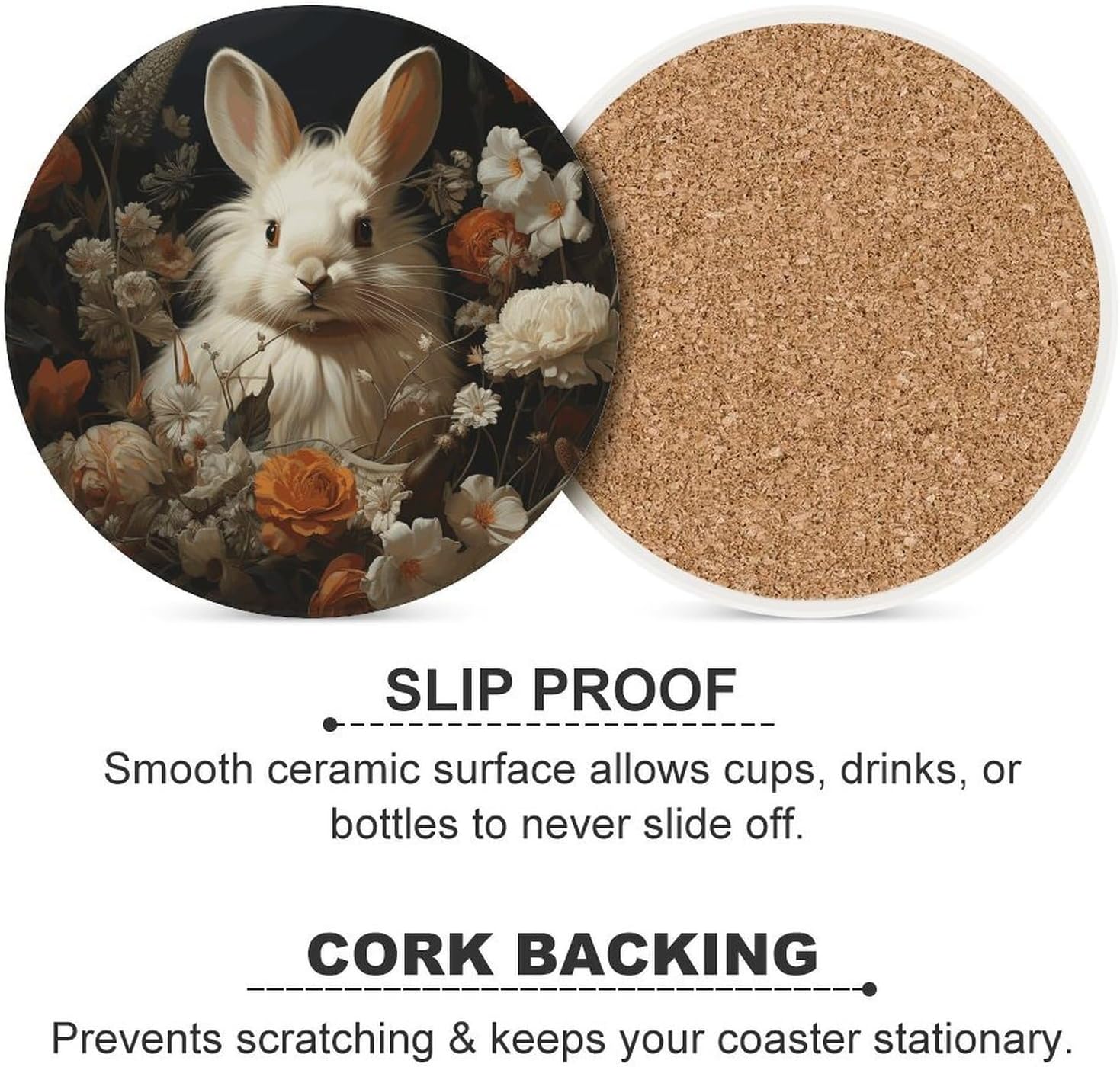 Rabbit and Flowers Coasters Round Coasters Set Ceramic Stone Coaster with Cork Base Coffee Cup Beverage Cup Mat Cute Funny Table Drinks Coaster for Mugs and Cups Office Kitchen