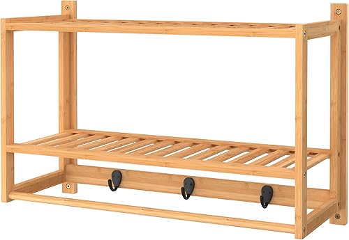 Miniatura 4 de ClosetMaid Estante de pared de bambú con toallero 3 ganchos estantes de almacenamiento de montaje en pared 2 niveles estante organizador acabado