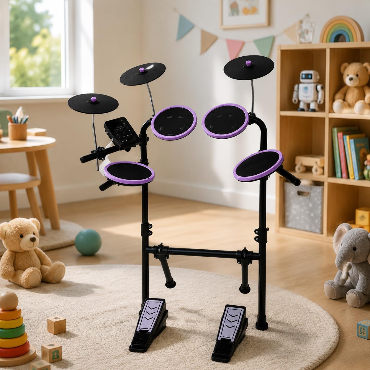 Batteria Elettronica Portatile per Bambini e Adulti, Kit con 120 Suoni, Pad in Mesh si, USB Cuffie, Viola nebbia