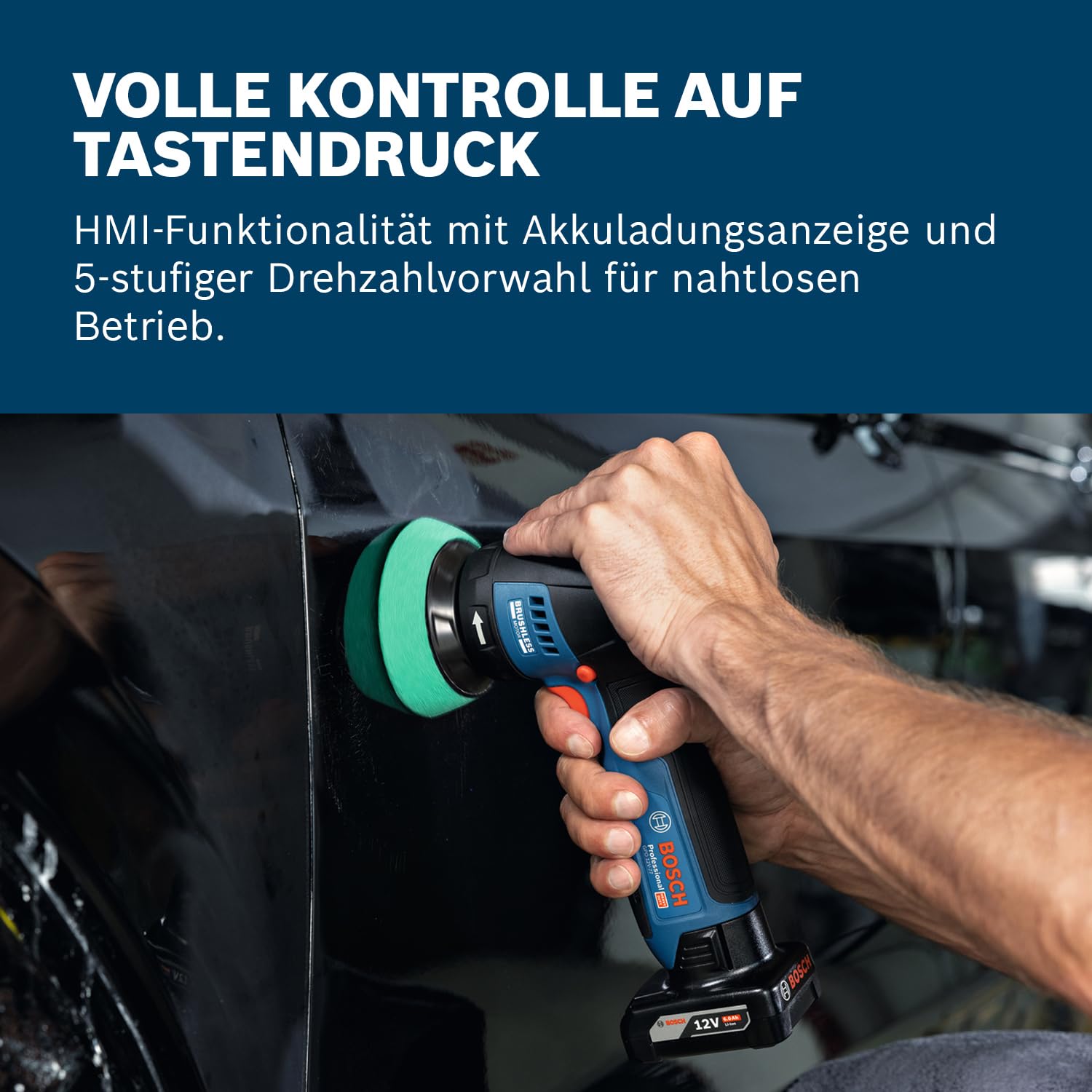 Bosch Professional 12V System Akku-Polierer GPO 12V-77 (inkl. montiertem 77 mm Klett-Stützteller, 77 mm Polier- und Scheuerschwamm)