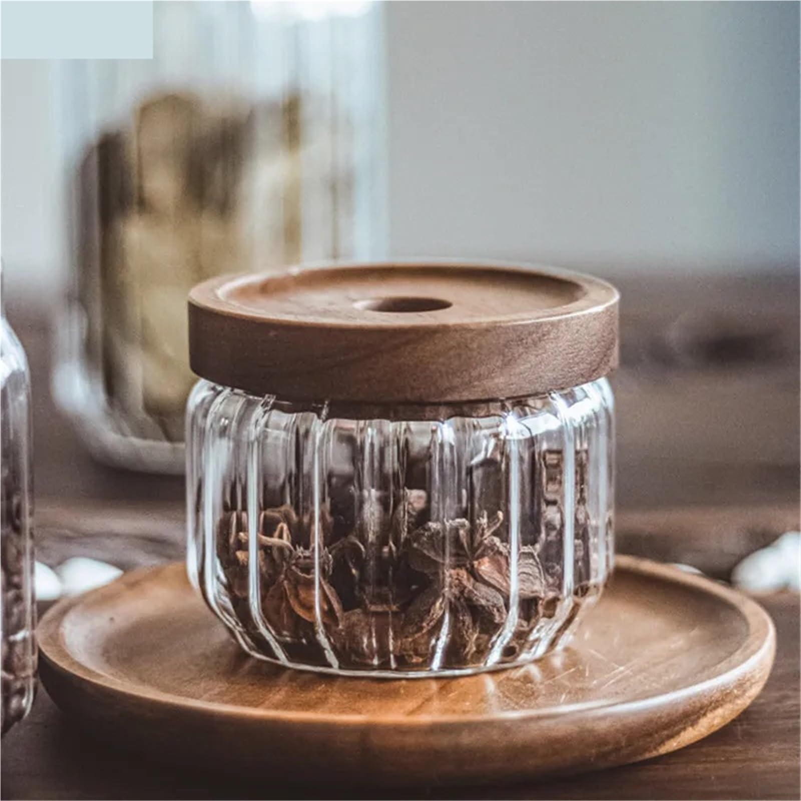 Bonbonglas 4 Stücke Holzdeckel Candy Orgnizer Glas Luftdichten Kanister Küche Versiegelt Lagerung Flaschen Glas for Lebensmittelbehälter Ingwer Müsli(A-1000ml)