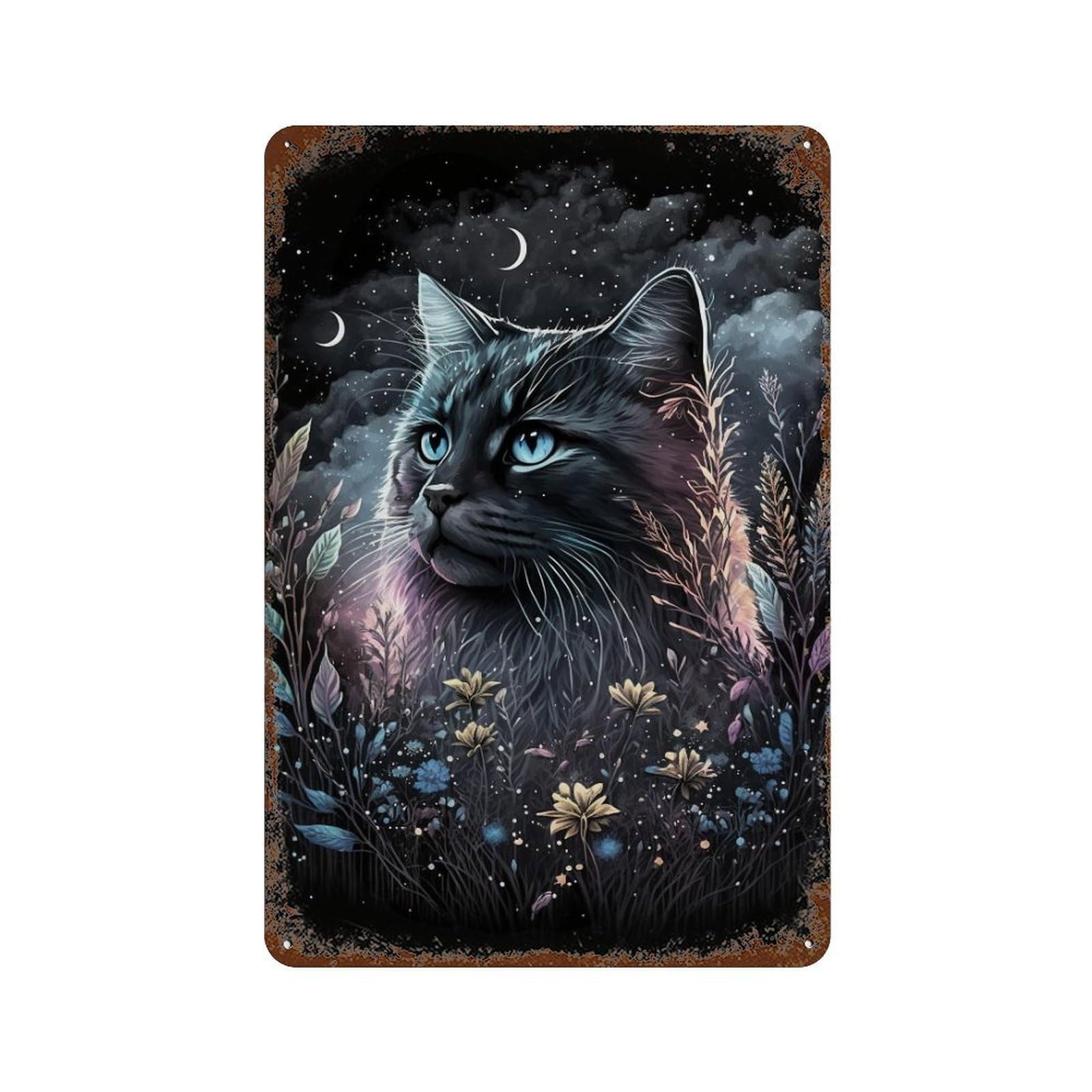 Starry Night Cat Art Print Weathered Tin Sign 11.8"x7.9", Rustic Home Decor for Garage, Bar And Workshop Decor