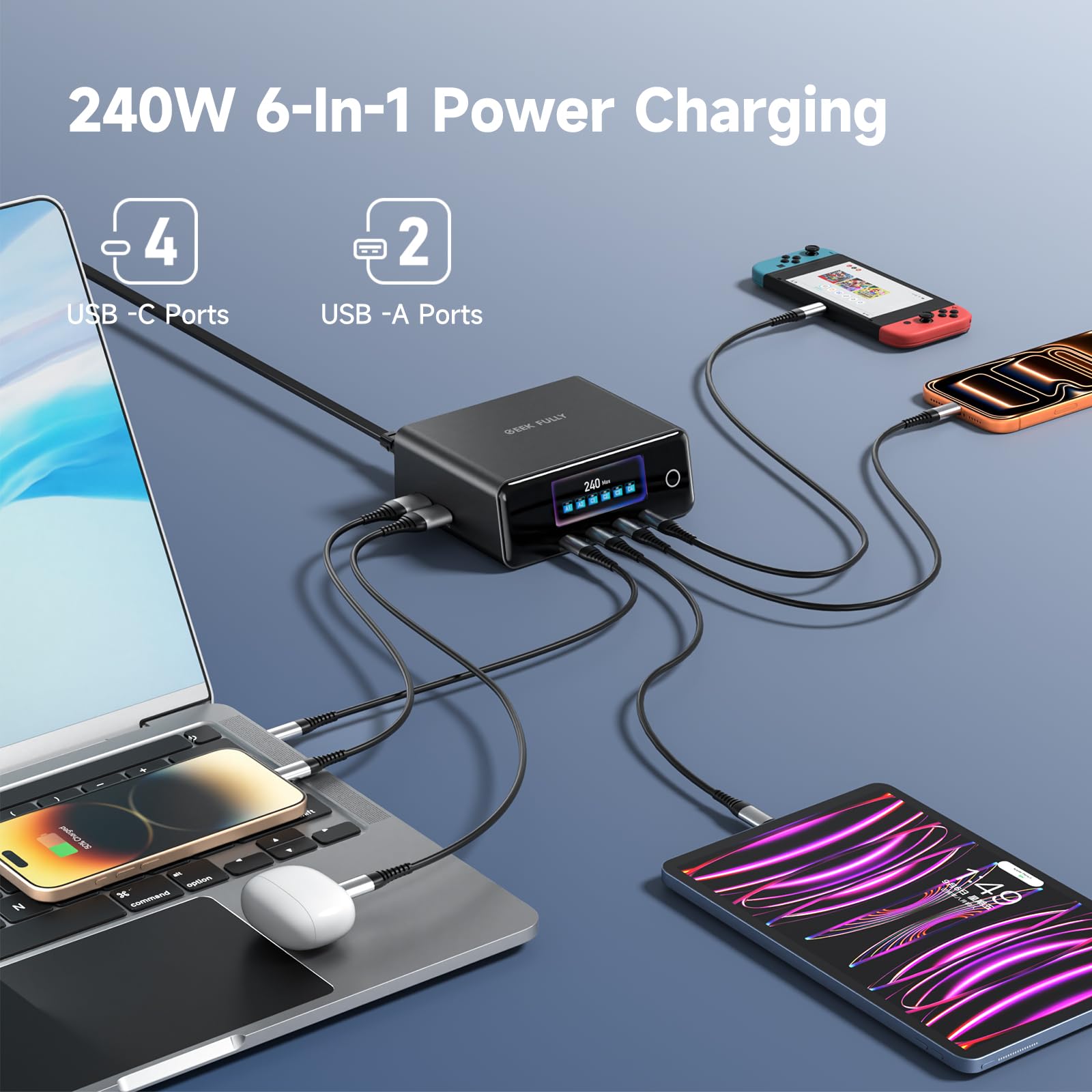 Cargador GaN de 240 W, cargador USB C de 6 puertos con puerto PD 3.1 máximo de 140 W, adaptador de estación de carga de escritorio para MacBook Pro/Air M3/M2, portátiles, iPhone 17/16, Galaxy S24/S23