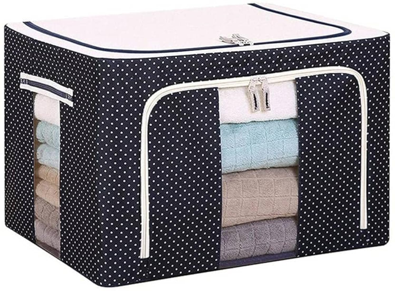 Nirgun Empex Fabric Clothes Storage Box for Wardrobe Cloth, Saree, Towel, Blanket Foldable Organizer Bag with Steel Frame, Top and Front Zipper Open Bags (Pack of 1 | Polka Dot Blue) (66L)-image-13