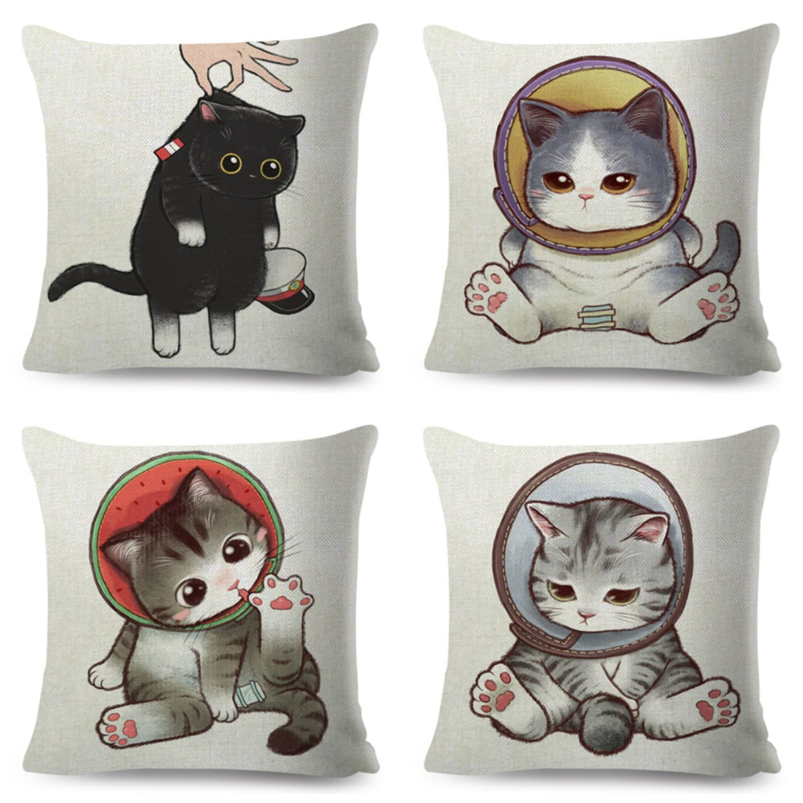 Federe per Cuscini,Copricuscini Divano Moderna fodere Cuscini Decorativi Set di 4 Gatto dei cartoni animati Lino Quadrate Federe Decorative per Divano Casa Soggiorno Camera da Letto Decor 35x35cm
