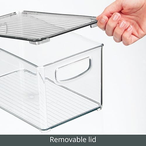 Miniatura 6 de mDesign Caja de almacenamiento de plástico profundo para baño, asas con tapaintegradas, organización para maquillaje, herramientas de peinado del