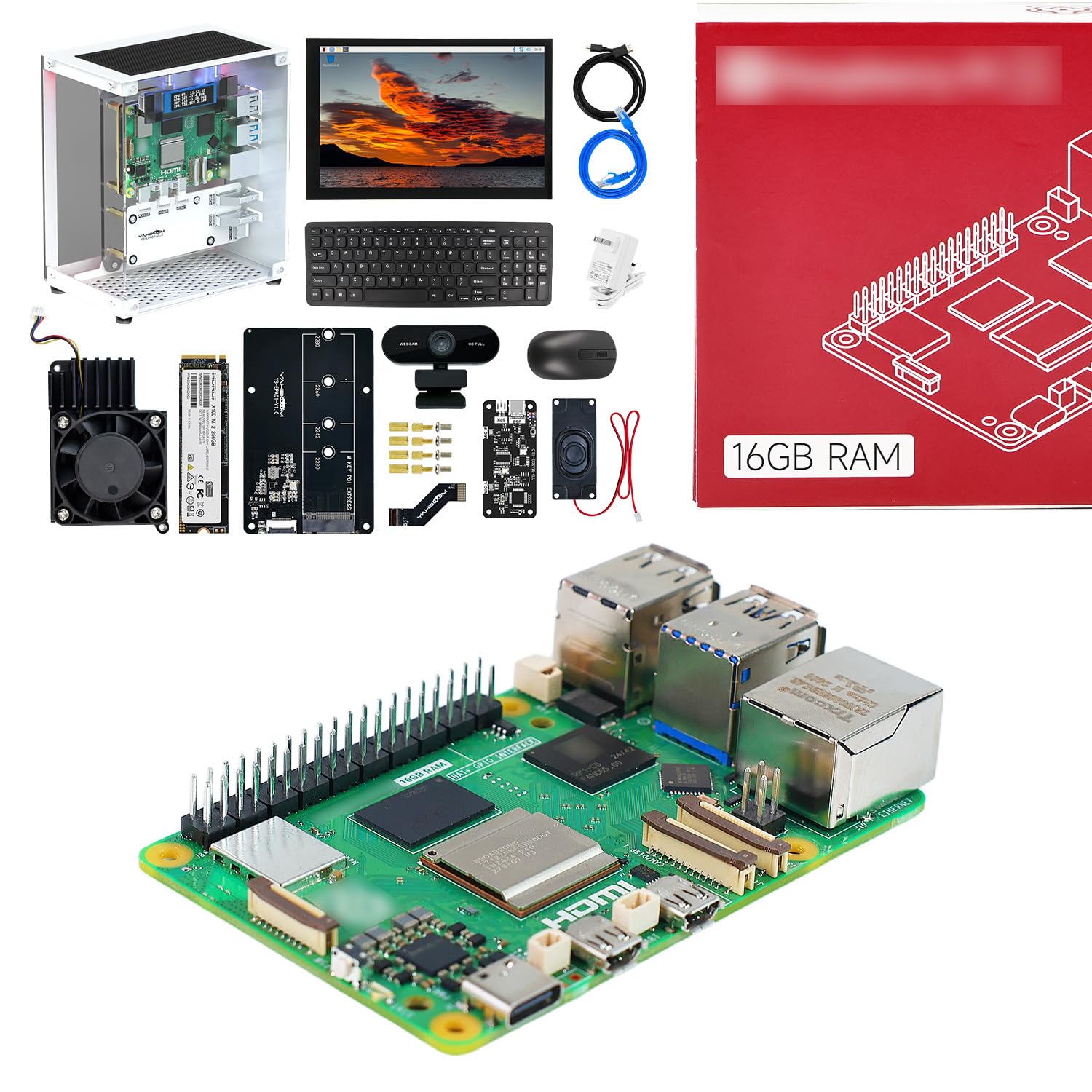 Yahboom Pi5 16GB RAM 64GB TF Card Edition with Active Cooler,27W 5.1V5A USB-C Power Supply,Pi5 Metal Case, PCIE to M.2 Adapter Openclaw Deployment (Pi5 16GB, Ultimate Kit)