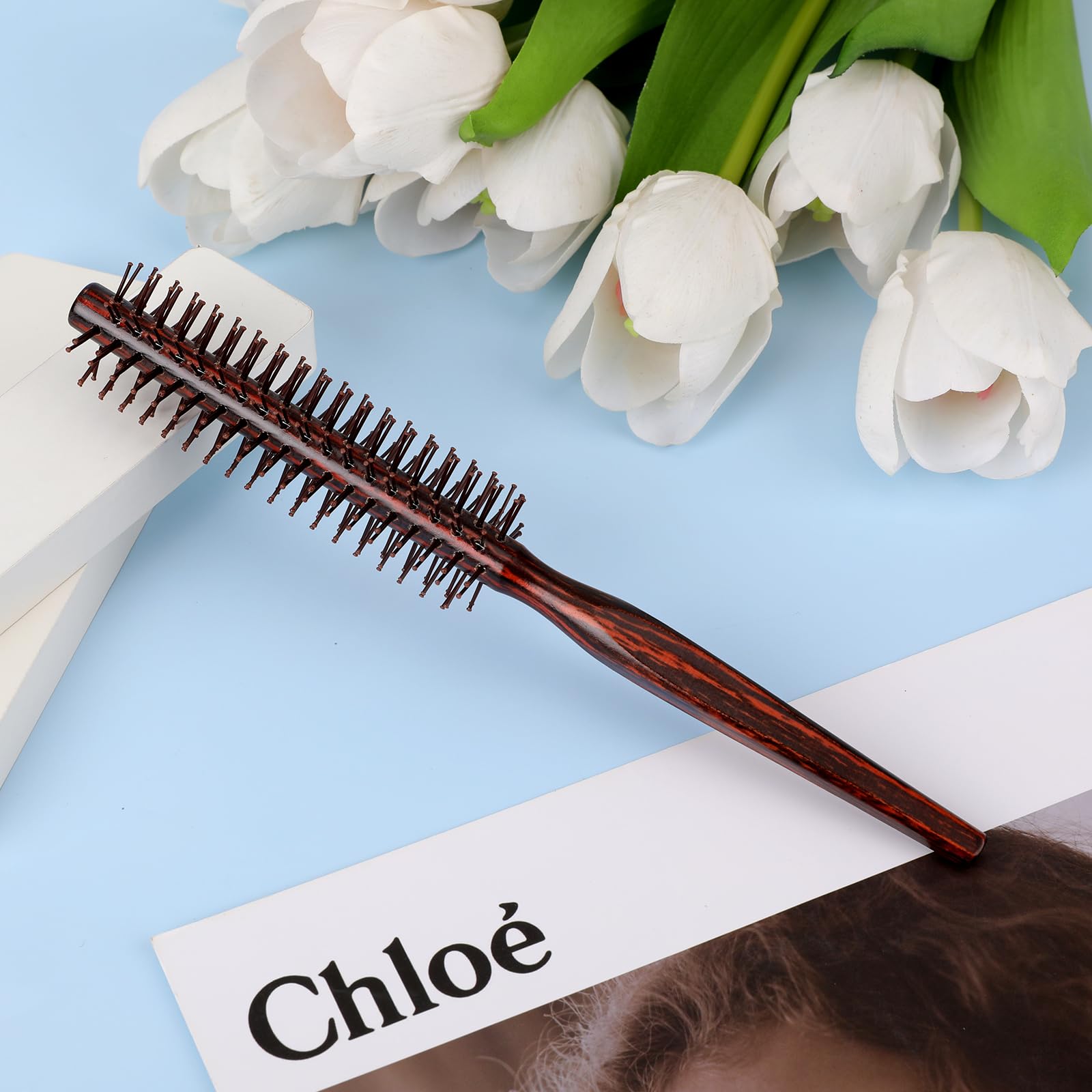 Small Round Hair Brush for Blow Drying 1 Inch Mini Quiff Roller With Pear Wood Handle and Ball Tip Nylon Bristles - Image 2