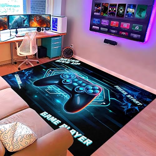 Miniatura 3 de Alfombra de área gamer para habitación de los niños, controlador de gamepad 3D, color azul, para sala de estar, sala de estar, sala de estar,