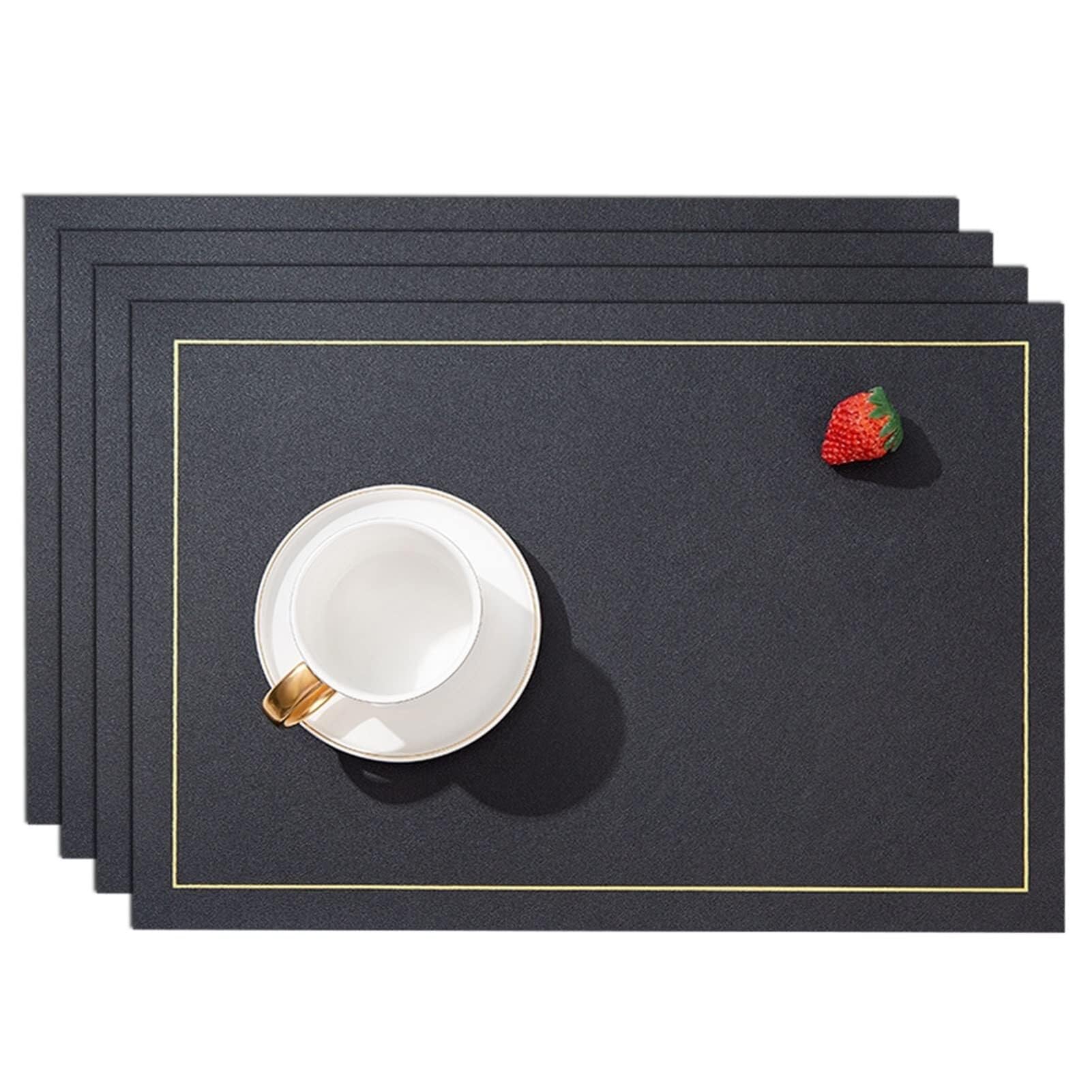Lot de 4 sets de table rectangulaires en cuir synthétique résistant à la chaleur, lavables et antidérapants avec bordure dorée pour maison, restaurant, hôtel (noir)