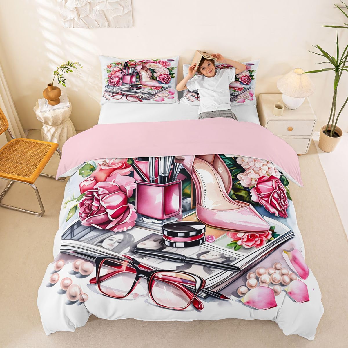 Homewish Różowa poszewka na kołdrę na wysokim obcasie z 2 poszewkami na poduszki