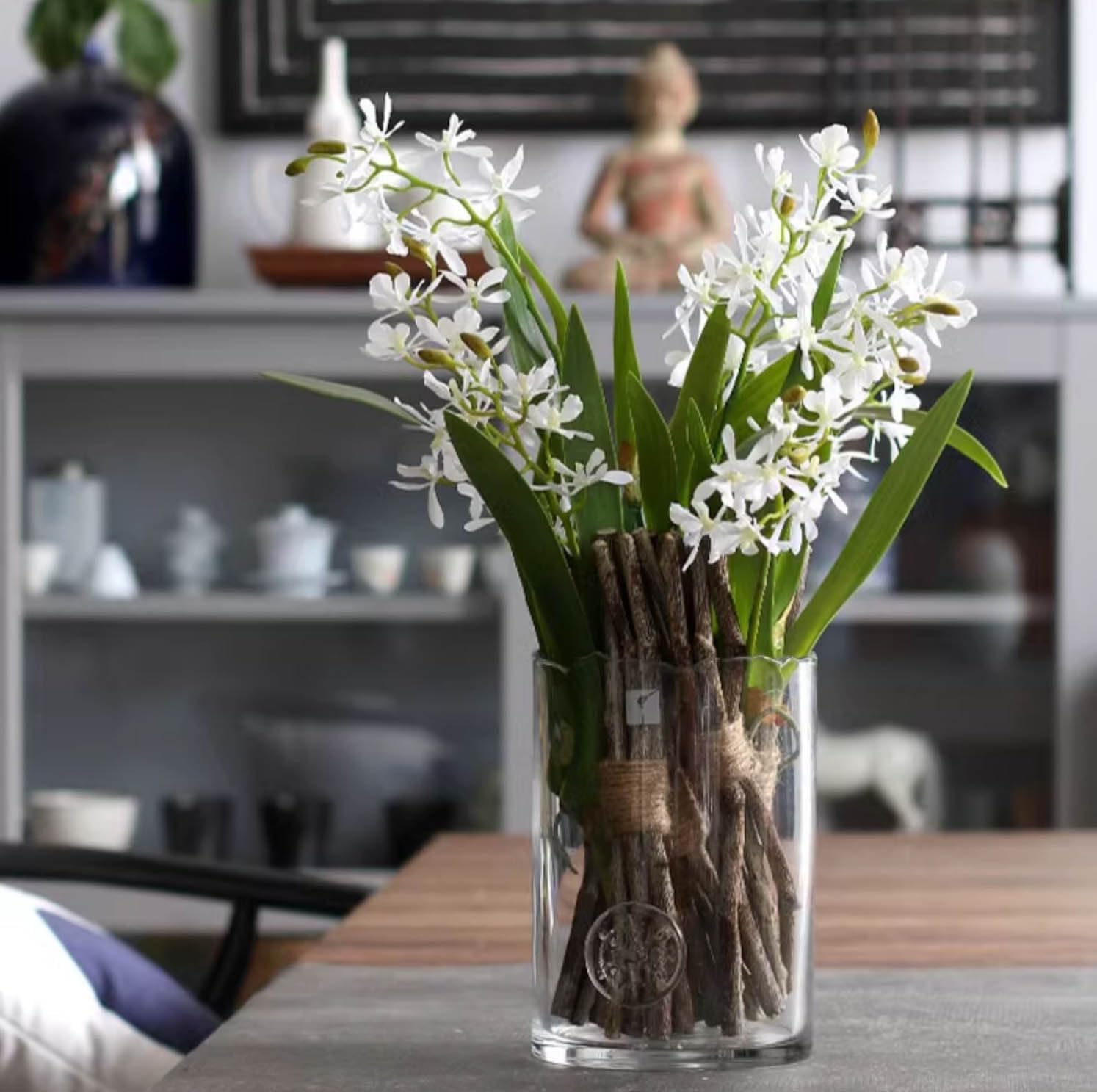 3pcs Artificial Cymbidium Orchid Flowers That Look Real, Faux White Orchid Stems for Vases, Silk Flowers Arrangement for Home Office Farmhouse Indoor Tables Centerpieces Decoration (White)