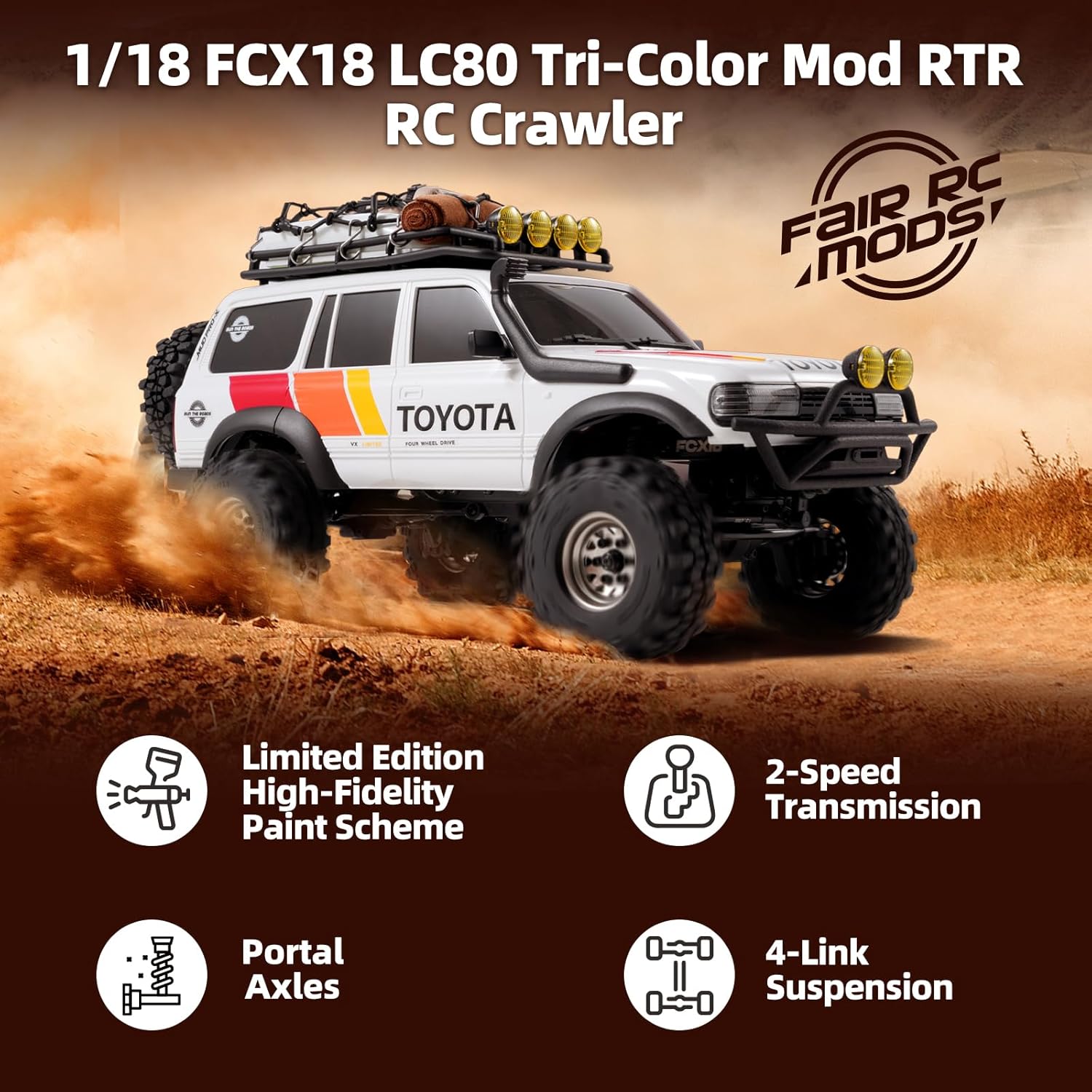 Fms FairRC FCX18S LC80 S Tri-Color Mod 1/18 RC Crawler, 2-Speed Transmission Mini RC Crawler, RC Rock Crawler 4x4 with Portal Axles, RTR Hobby Grade RC Truck & RC Car for Adults and Beginner