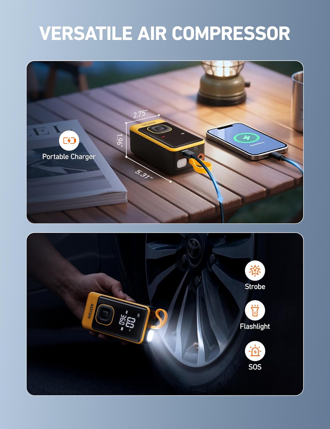 AstroAI L7 Air Tire Inflator Portable Air Compressor, 150PSI Electric Cordless Car Pump with Fast 1-min Inflation, Auto Shutoff, LED Light – Rechargeable for Car, SUV, Motorcycle, Bike Tires, Yellow - Image 5