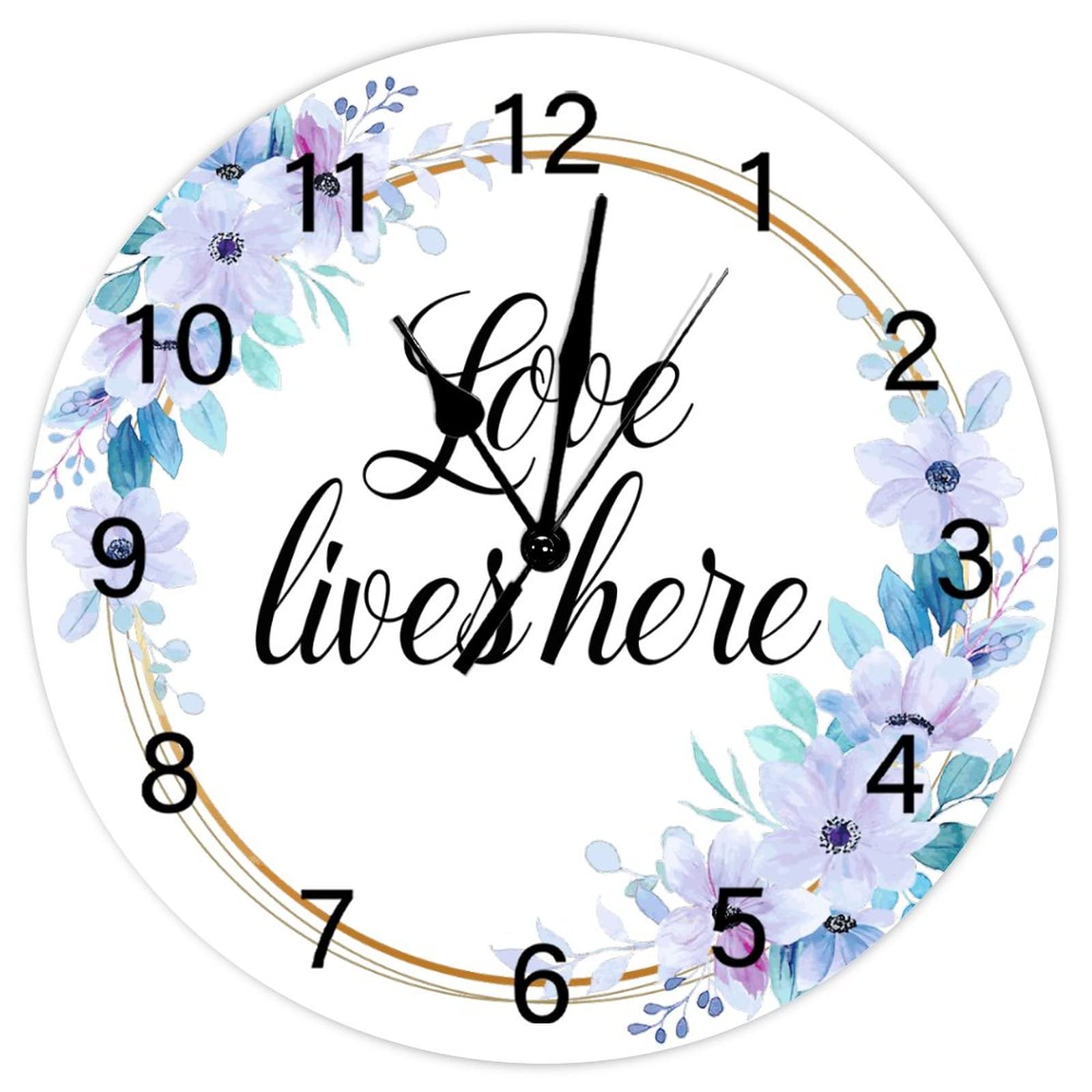 Horloge murale ronde rustique Love Lives Here fleurie 38cm silencieuse